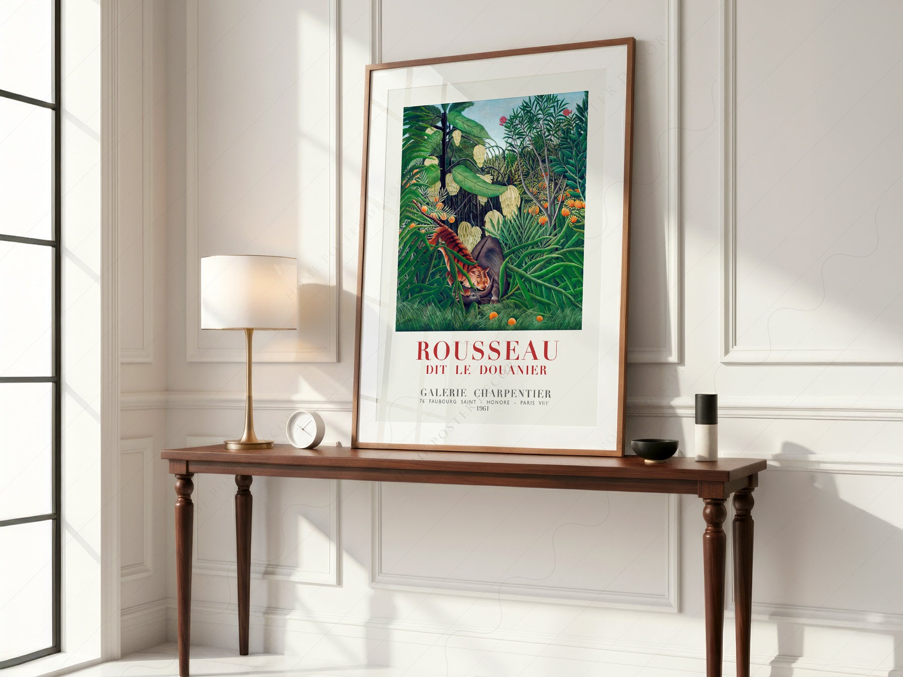 Henri Rousseau Tiger in a Tropical Storm print styled in a mid-century modern dining room