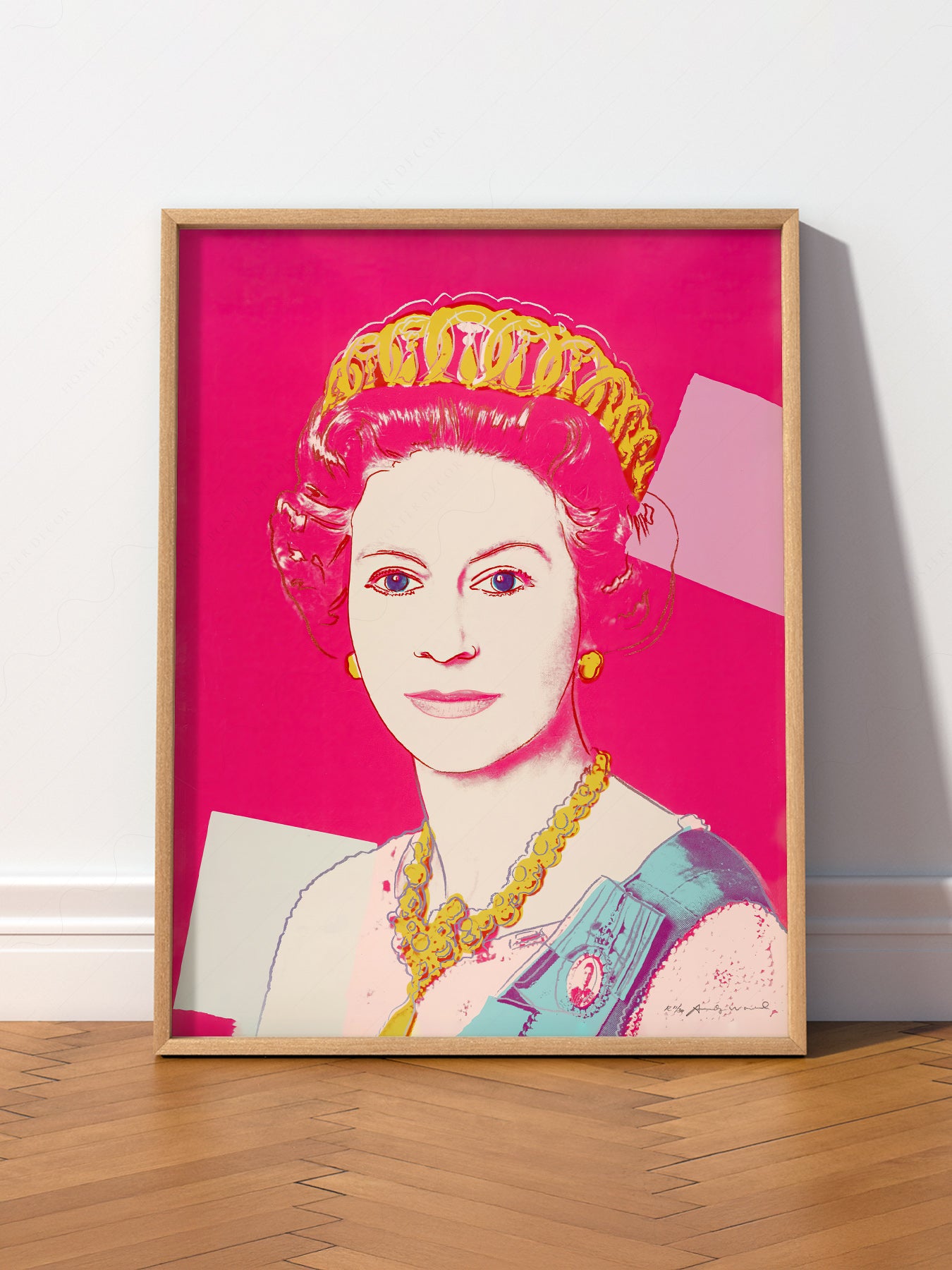 Andy Warhol Queen Elizabeth II Pop wall art print displayed in a bright modern living room