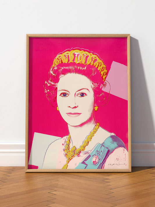 Andy Warhol Queen Elizabeth II Pop wall art print displayed in a bright modern living room
