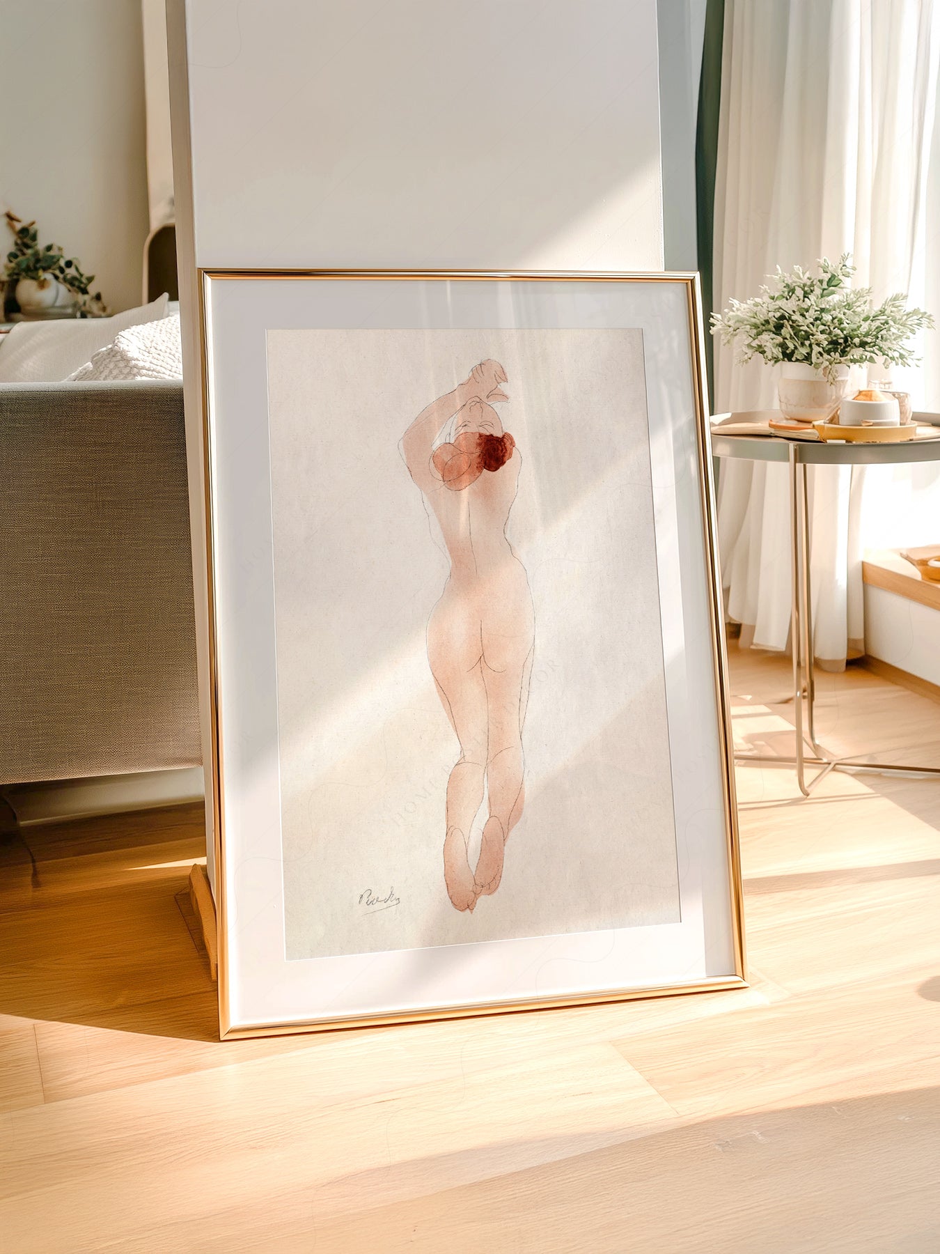 Auguste Rodin art print styled in a Scandinavian bedroom