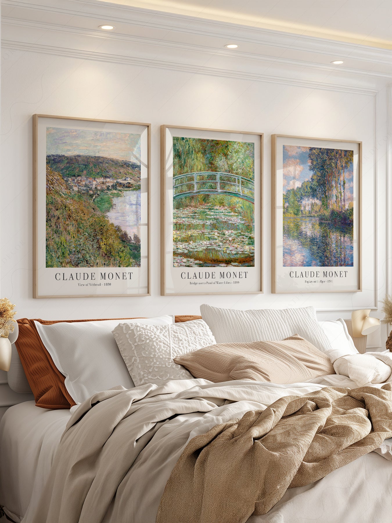 Claude Monet art print styled in a Scandinavian bedroom