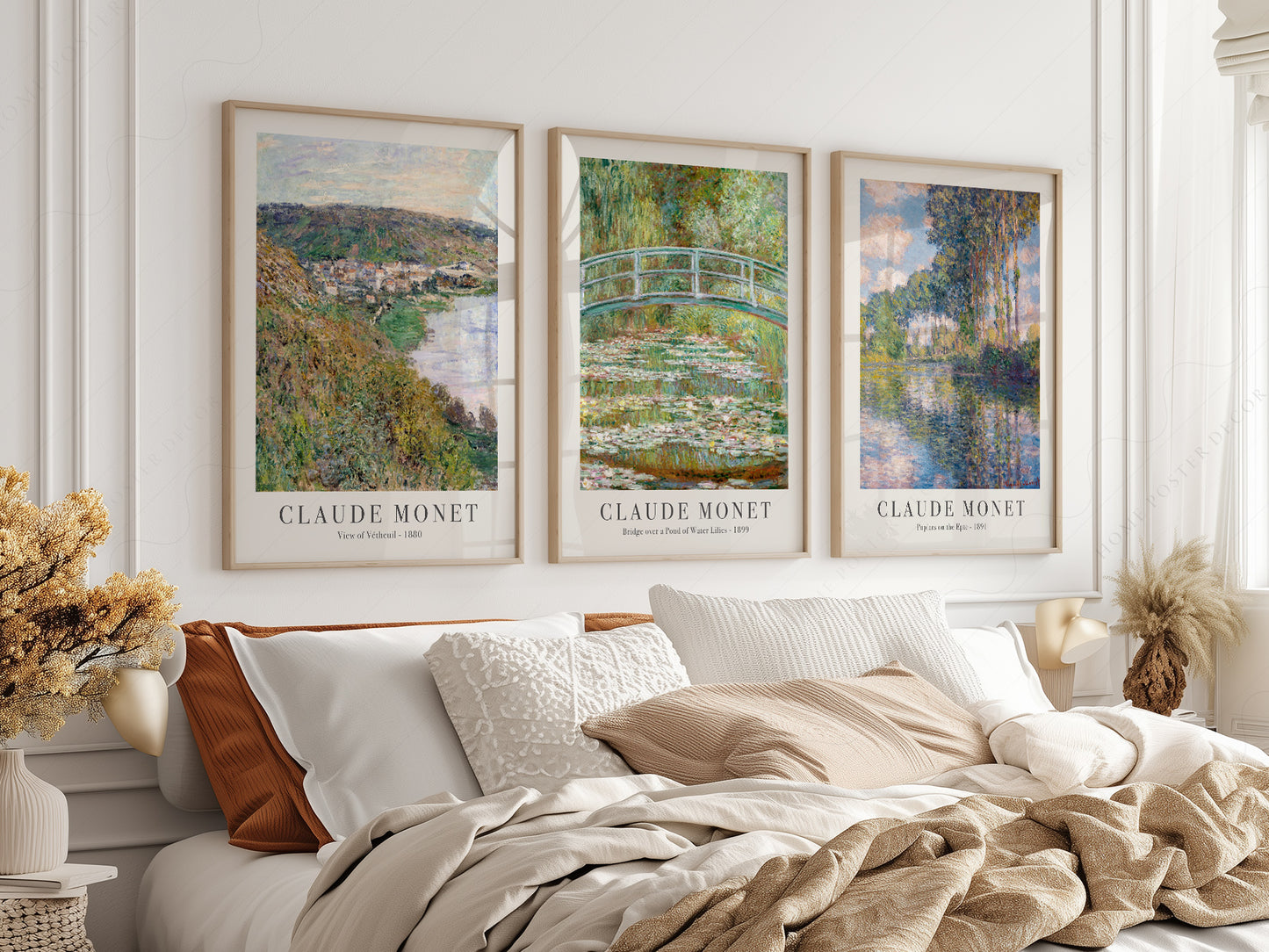 Claude Monet Set of 3 Prints, Bridge Over a Pond, Water Lilies, View of Vetheuil, Poplars on the Epte