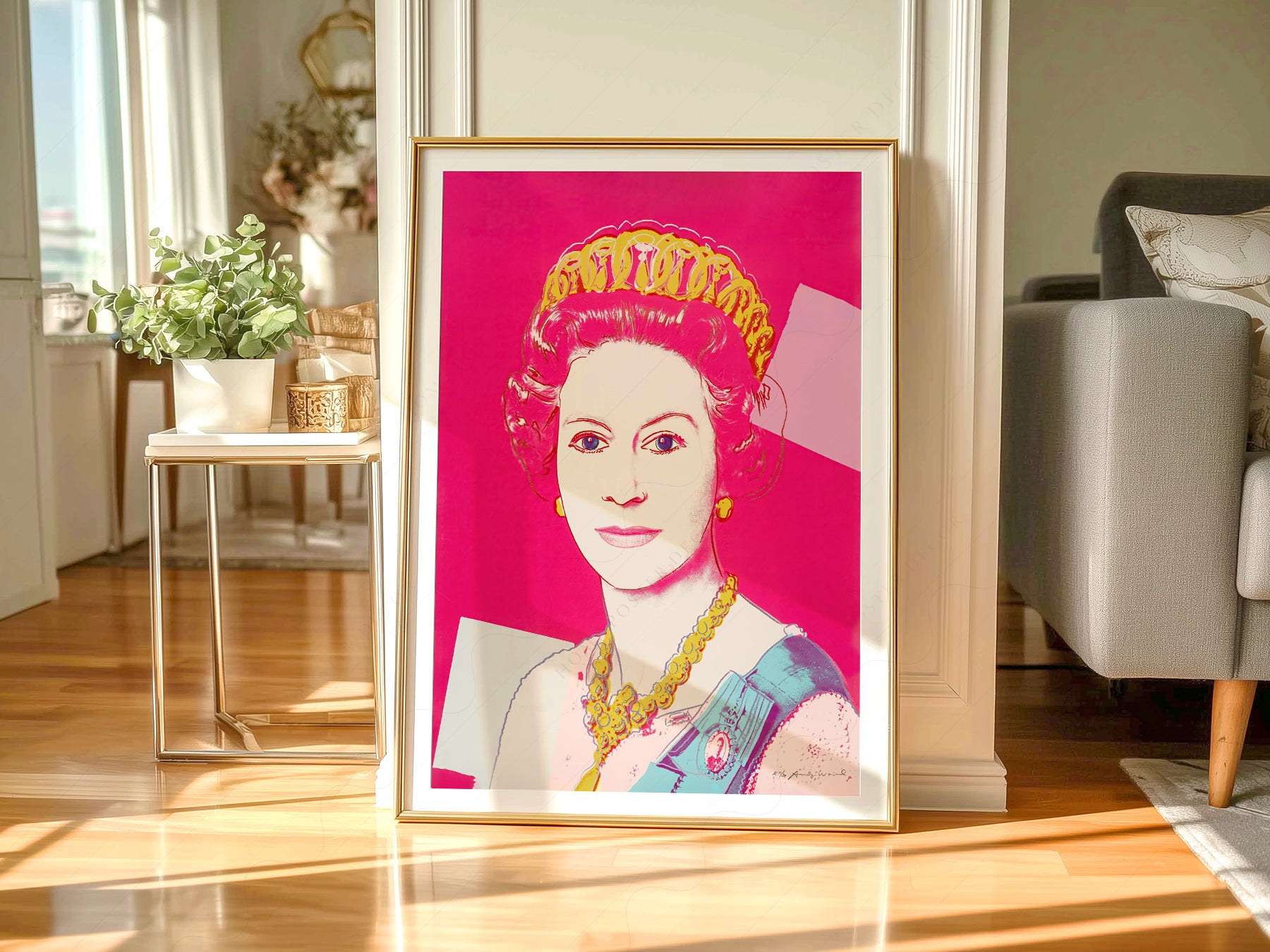 Gallery wall featuring Andy Warhol Queen Elizabeth II Pop fine art print
