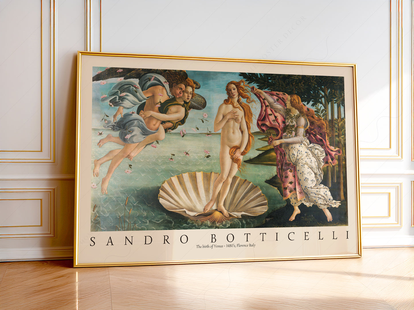 Sandro Botticelli The Birth of Venus art print featuring the goddess emerging from a shell in this Renaissance masterpiece.