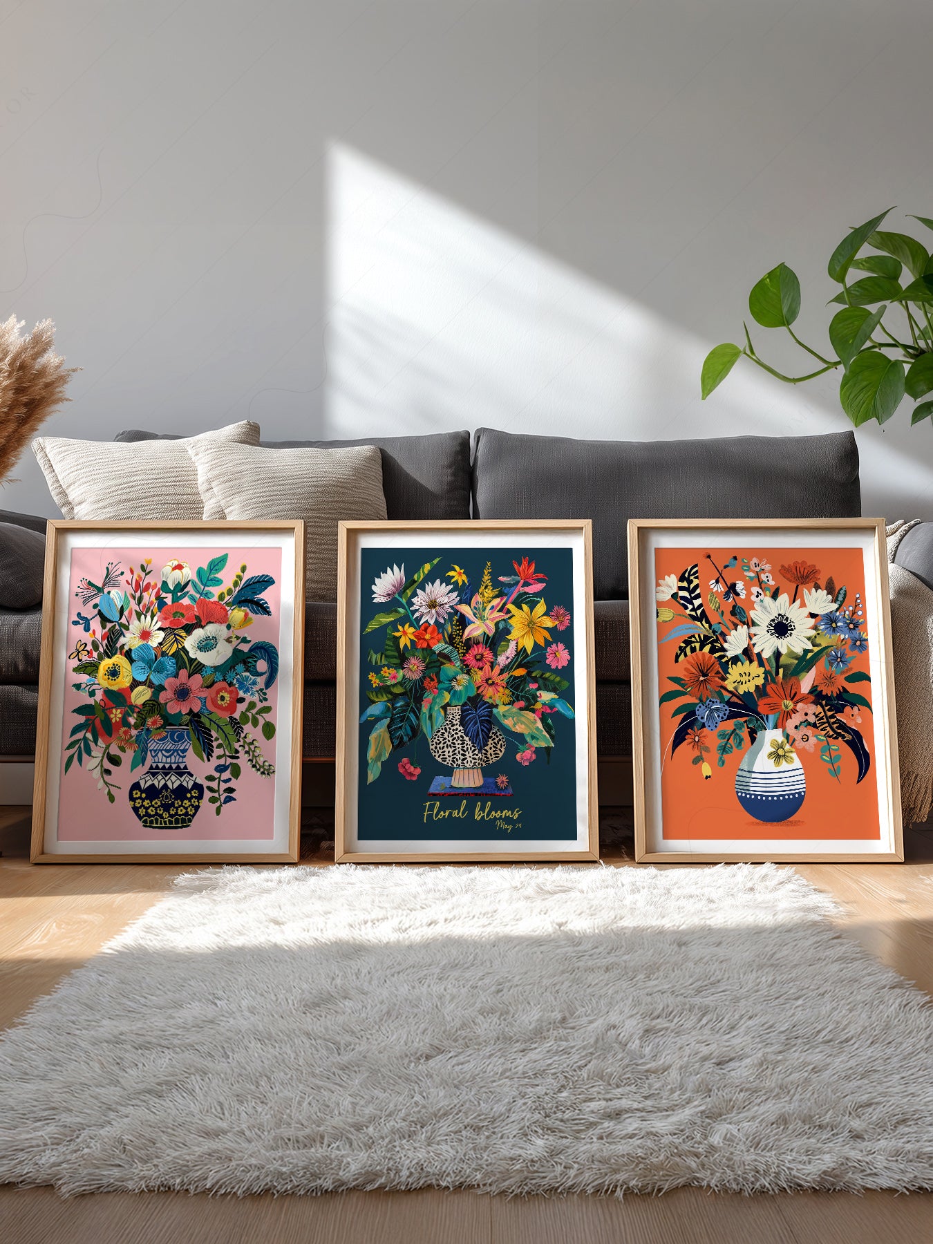Floral Blooms Triptych Art Print Set – Vibrant Botanical Wall Decor