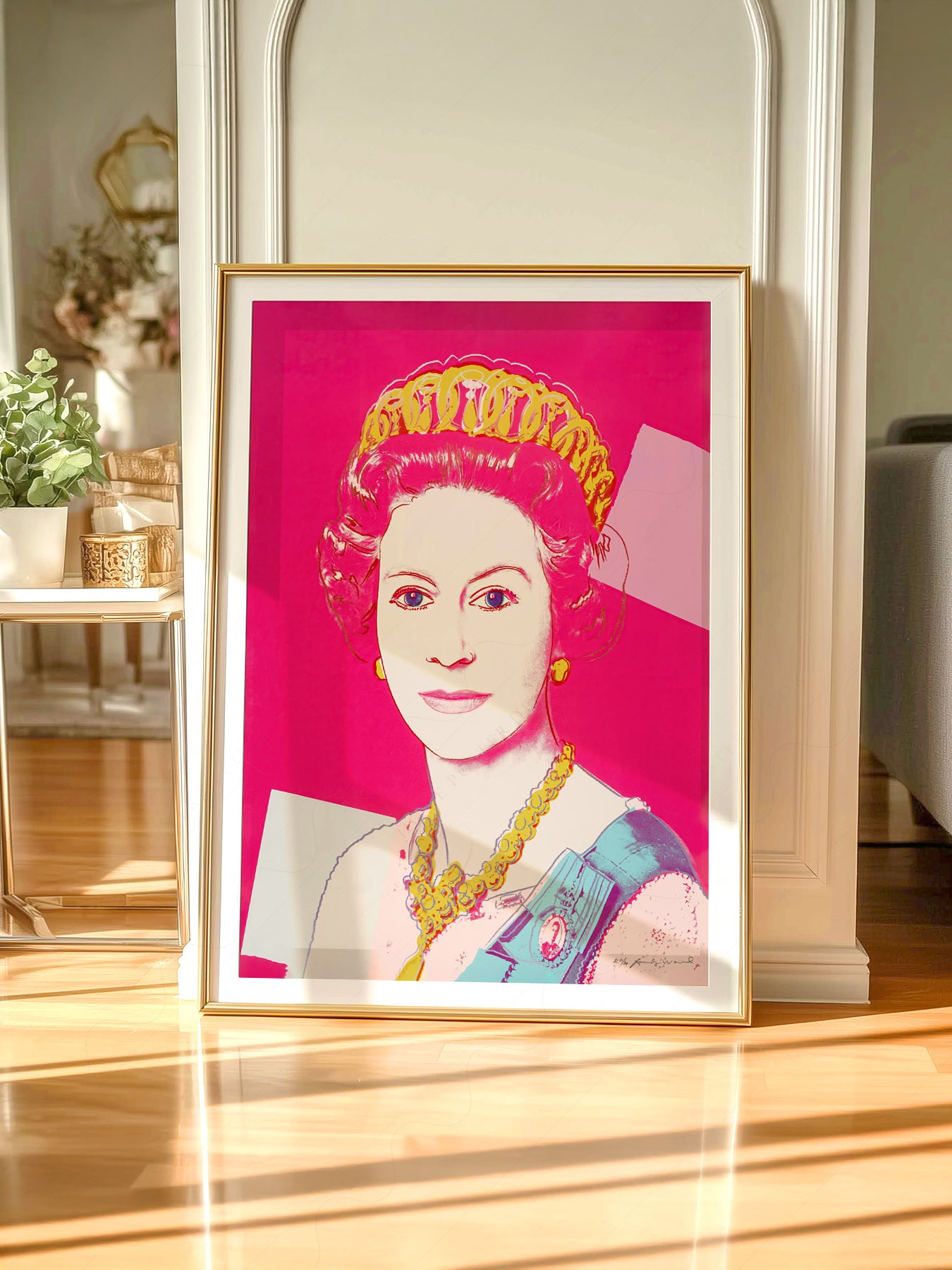 Gallery wall featuring Andy Warhol Queen Elizabeth II Pop fine art print