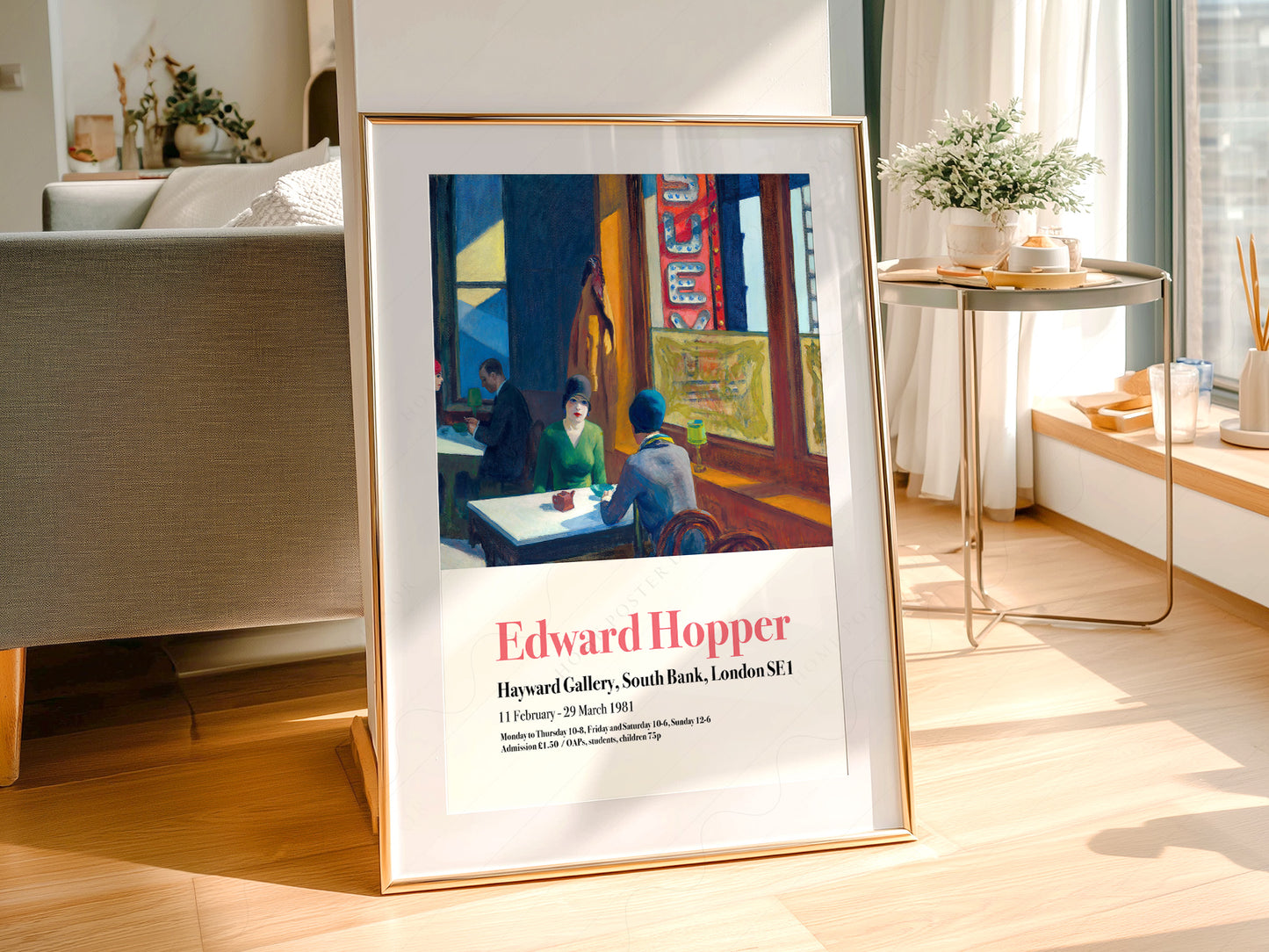 Edward Hopper art print as wall decor in a minimalist home office
