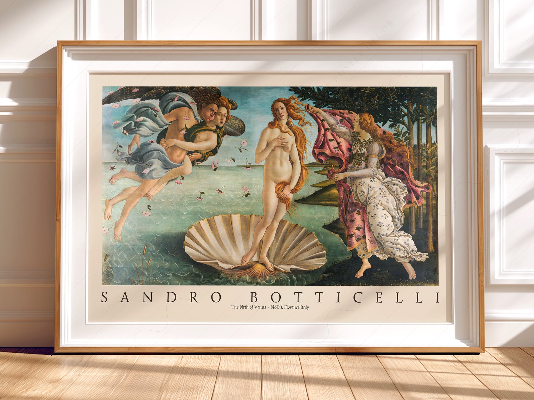 Sandro Botticelli The Birth of Venus wall art print displayed in a bright modern living room