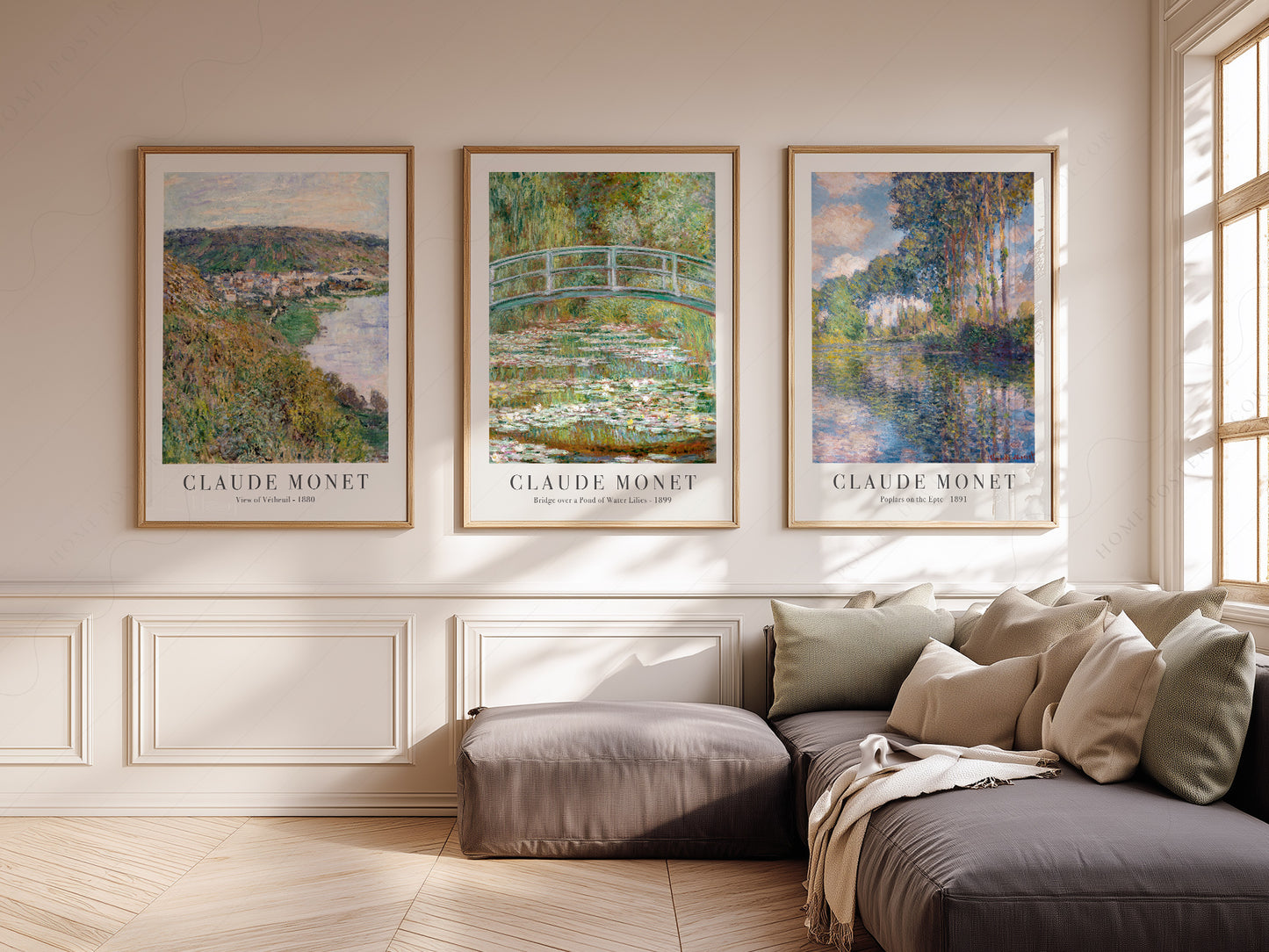Claude Monet Set of 3 Prints, Bridge Over a Pond, Water Lilies, View of Vetheuil, Poplars on the Epte