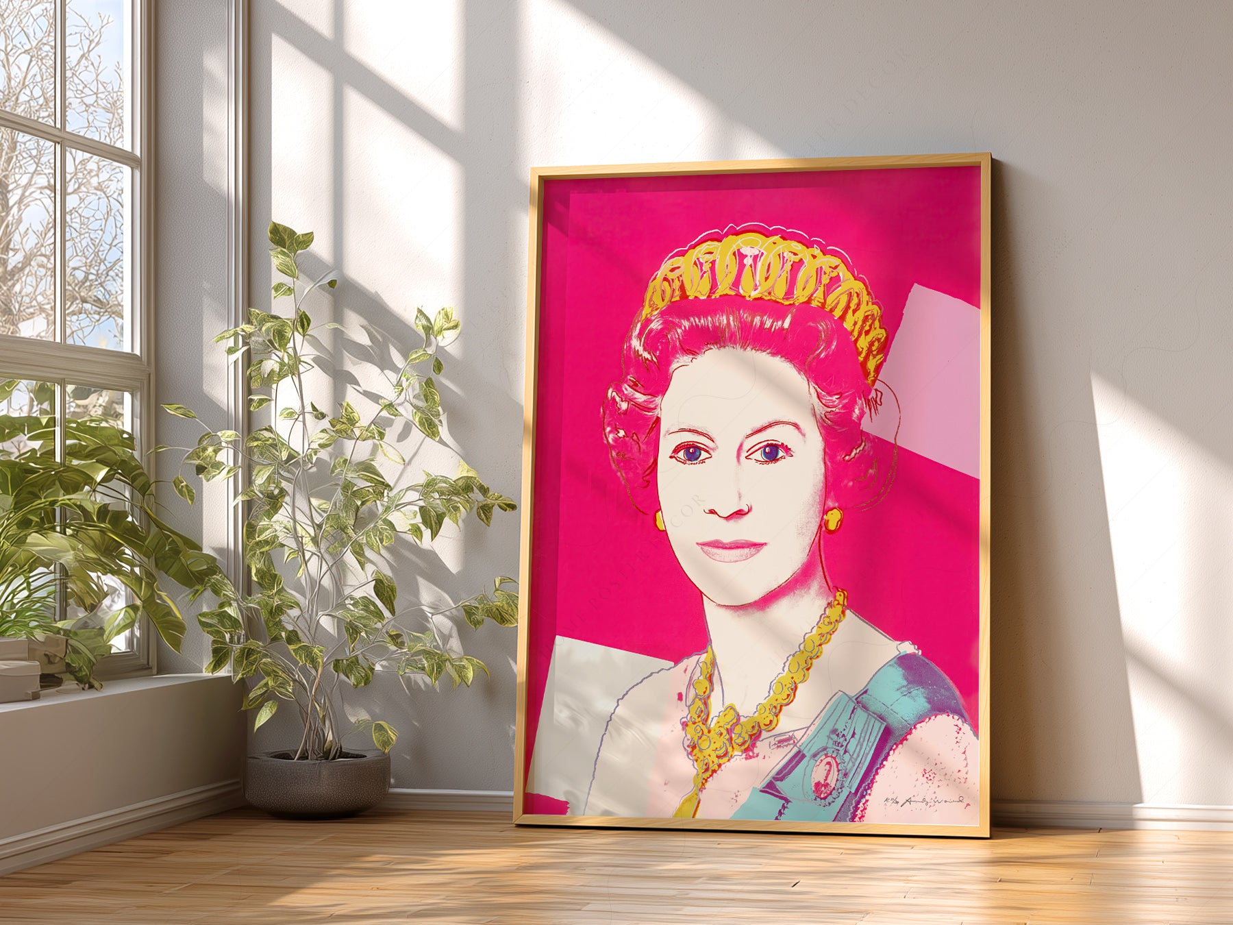 Andy Warhol Queen Elizabeth II Pop print styled in a mid-century modern dining room