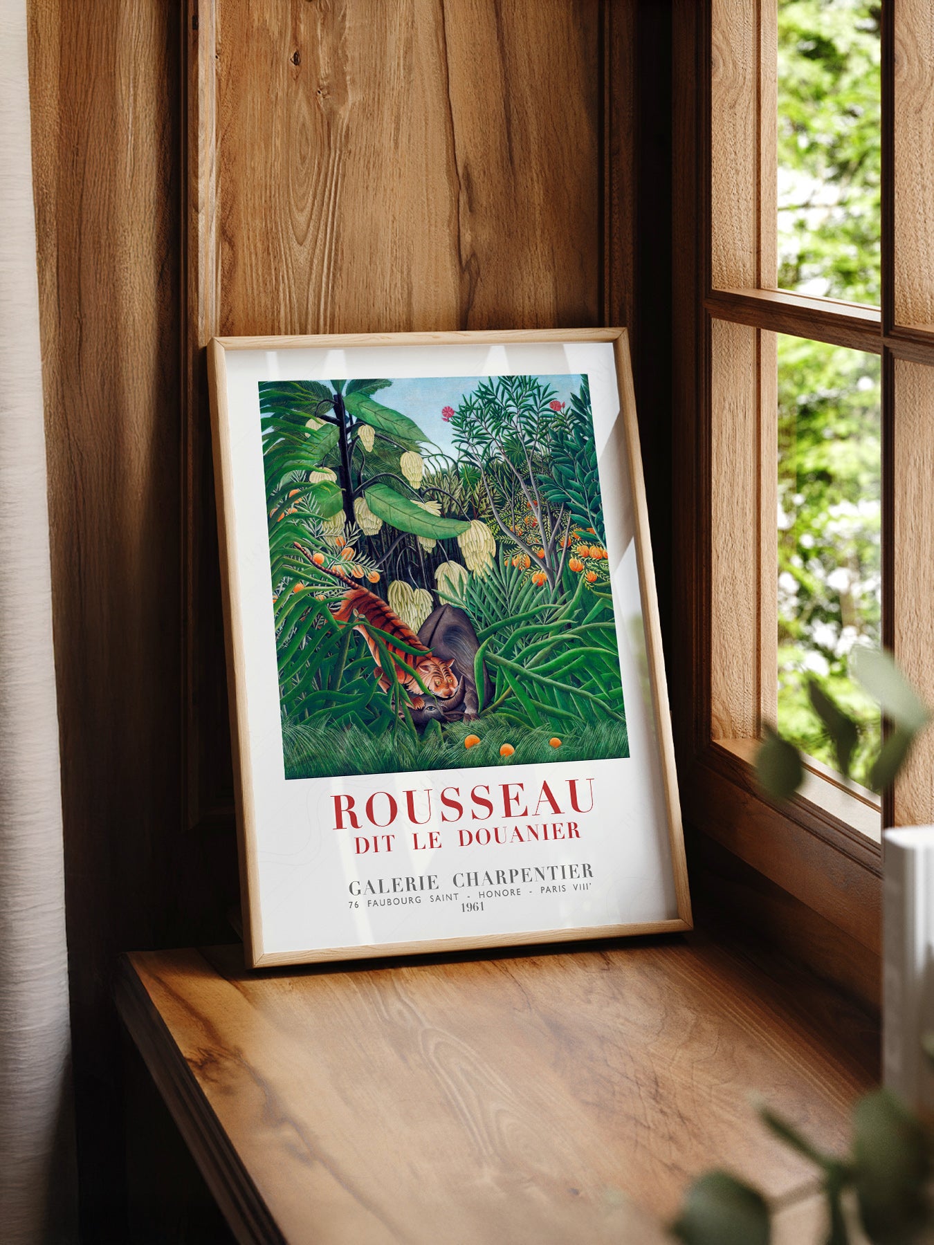 Henri Rousseau Tiger in a Tropical Storm print styled in a mid-century modern dining room