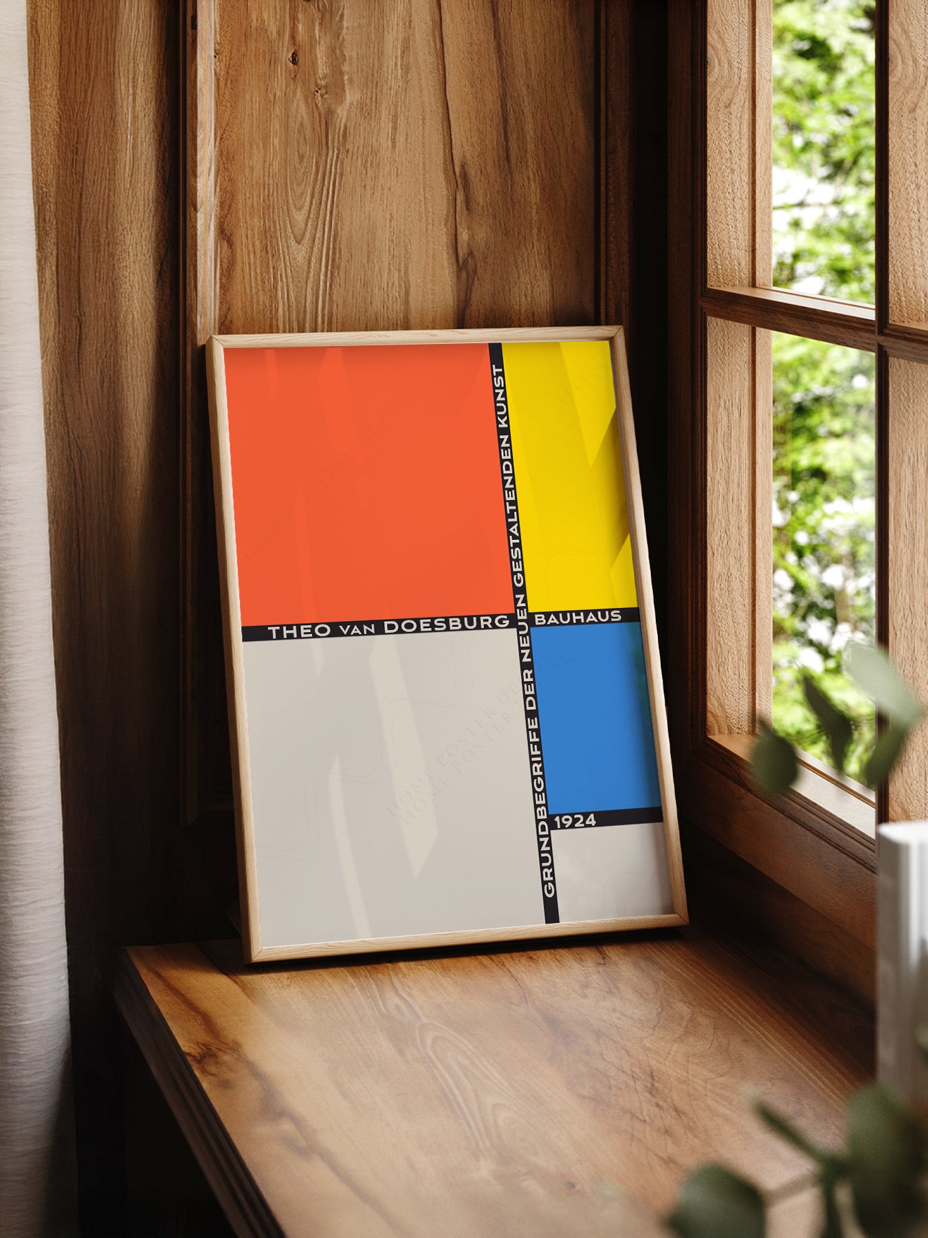 Theo van Doesburg Bauhaus 1924 print styled in a mid-century modern dining room