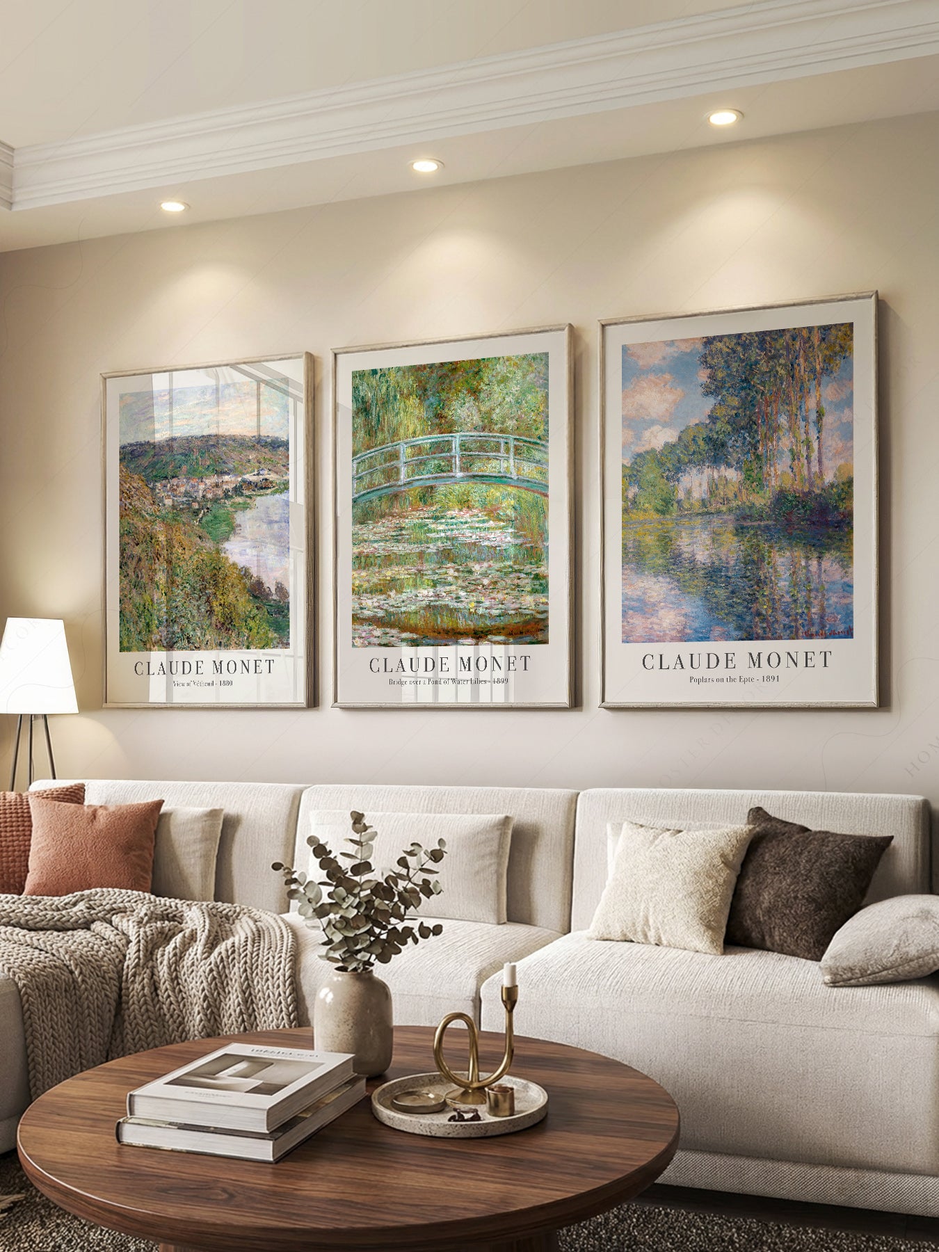 Claude Monet Set of 3 Prints print styled in a mid-century modern dining room