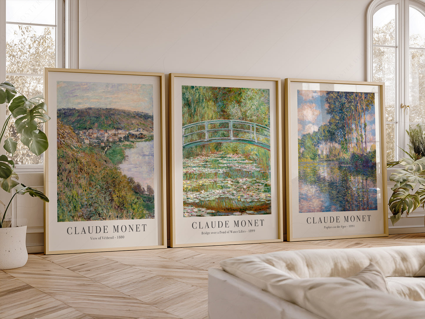 Claude Monet Set of 3 Prints, Bridge Over a Pond, Water Lilies, View of Vetheuil, Poplars on the Epte
