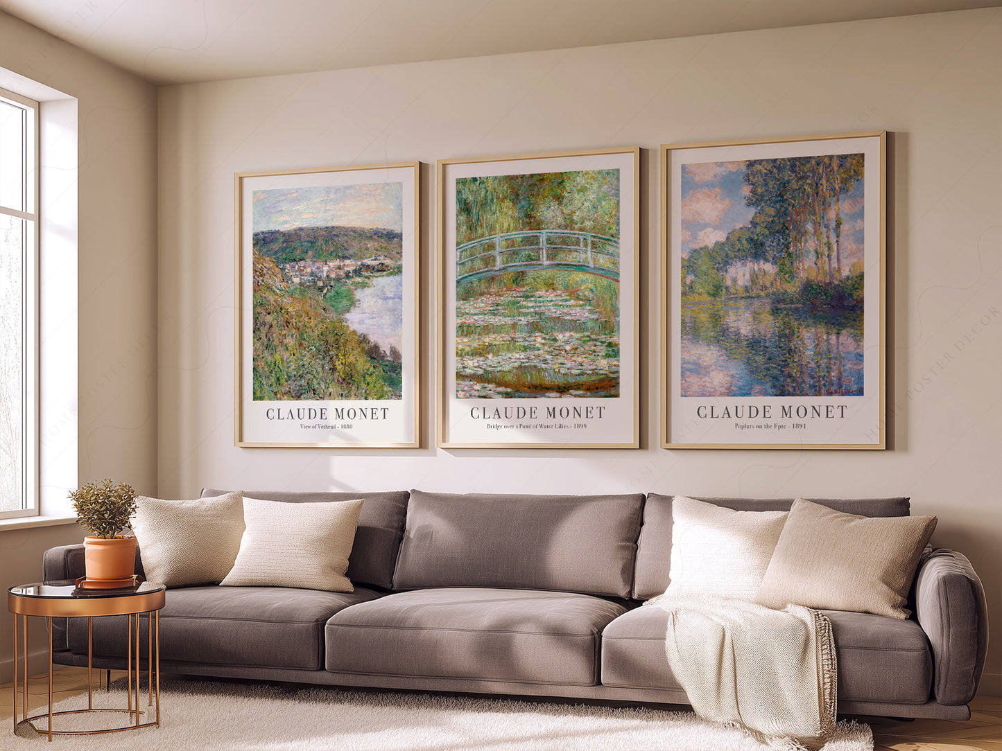 Claude Monet Set of 3 Prints, Bridge Over a Pond, Water Lilies, View of Vetheuil, Poplars on the Epte