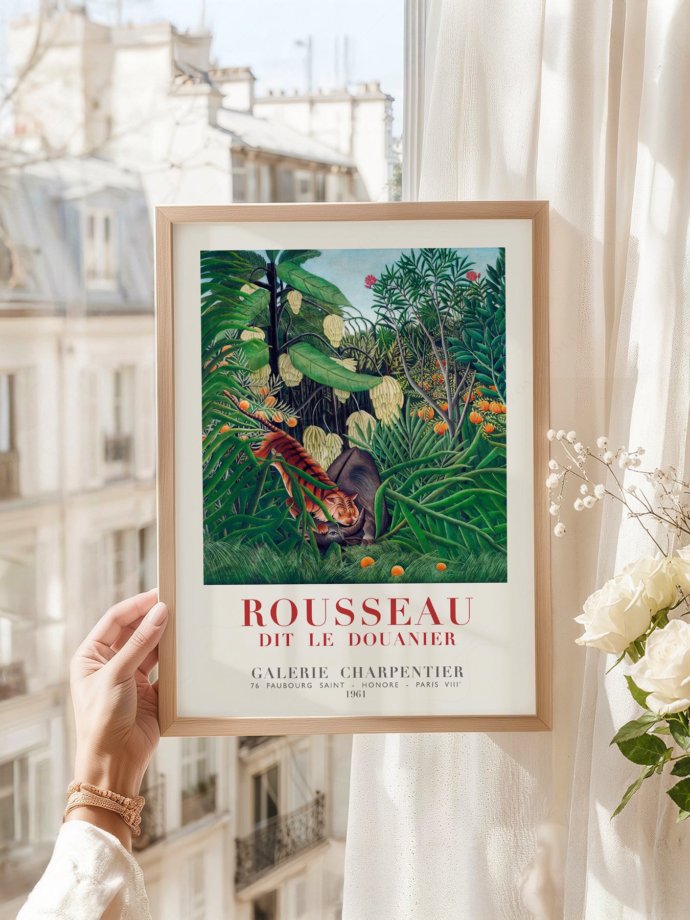 Henri Rousseau art print as wall decor in a minimalist home office