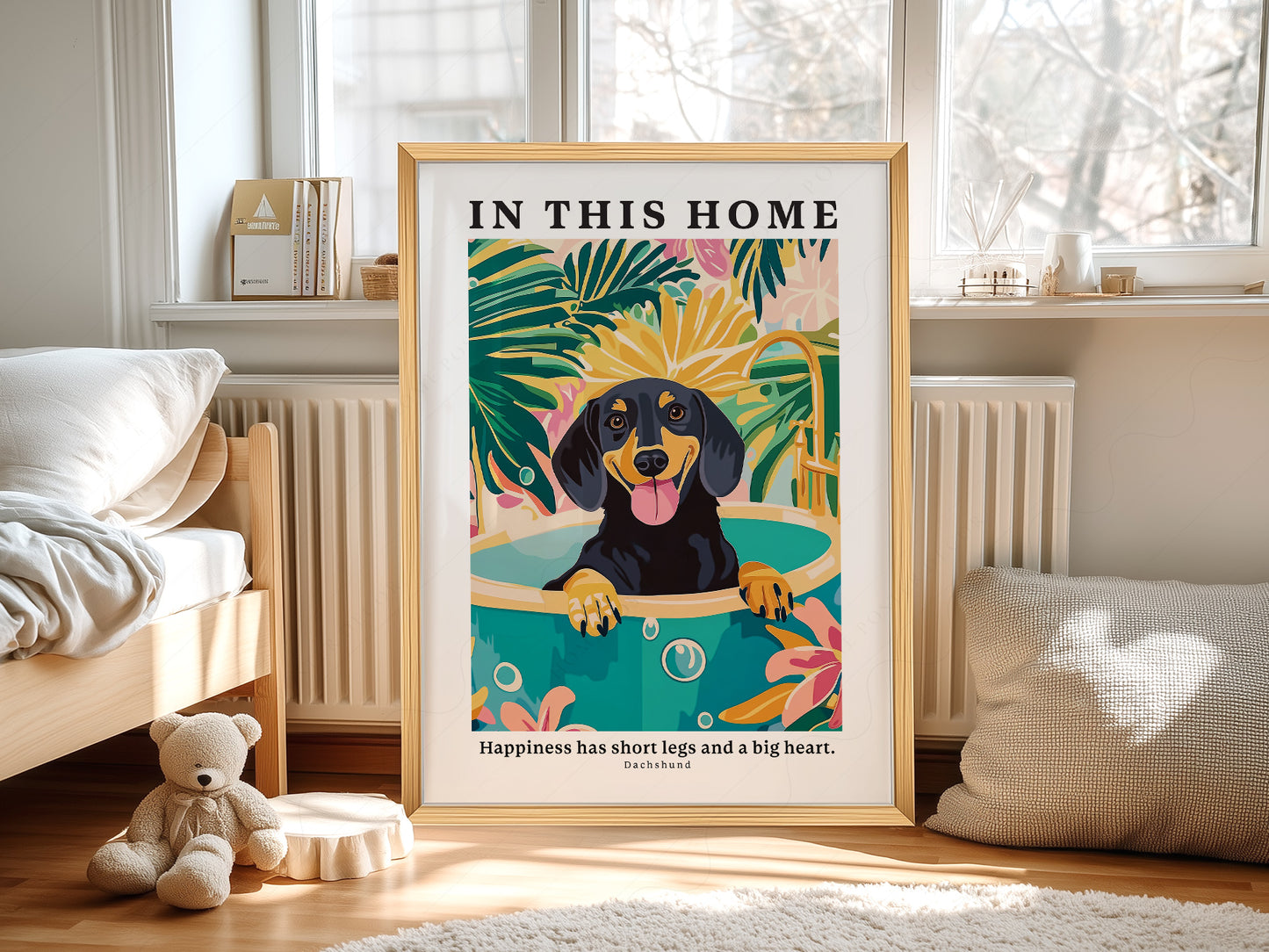 Dachshund Wall wall art print displayed in a bright modern living room