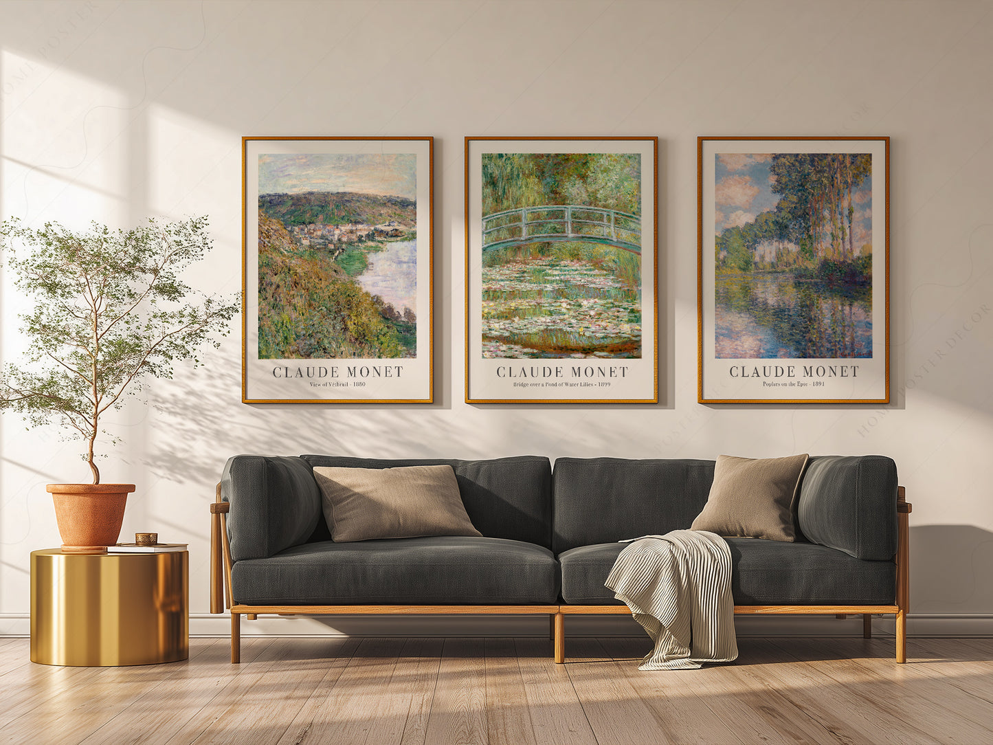 Claude Monet Set of 3 Prints, Bridge Over a Pond, Water Lilies, View of Vetheuil, Poplars on the Epte