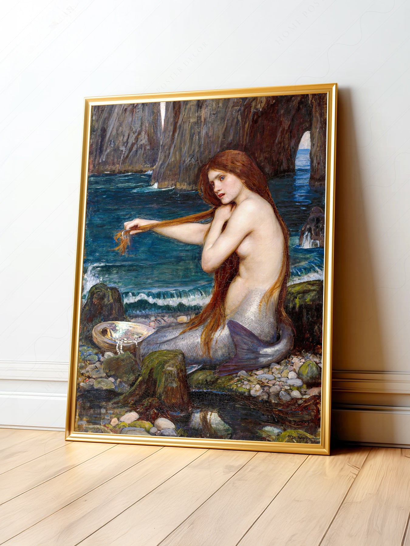 John William Waterhouse A Mermaid art print depicting a red-haired mermaid combing her hair on coastal rocks.