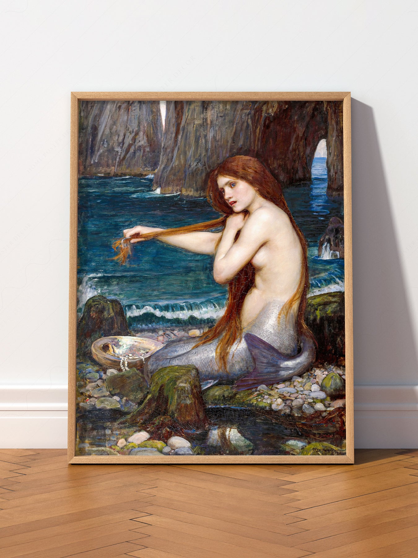 John William Waterhouse A Mermaid wall art print displayed in a bright modern living room