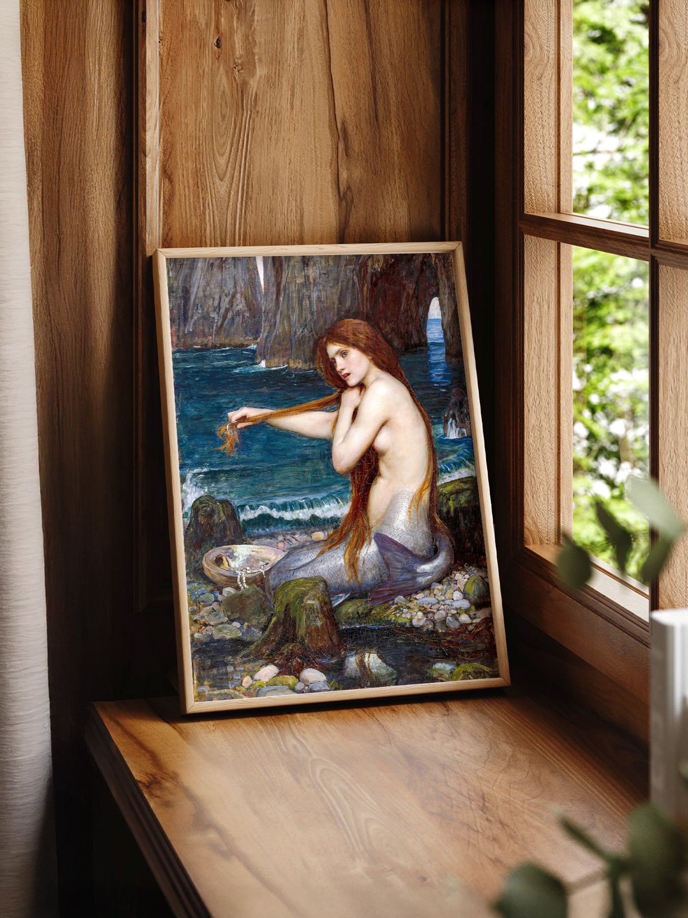 John William Waterhouse A Mermaid print styled in a mid-century modern dining room