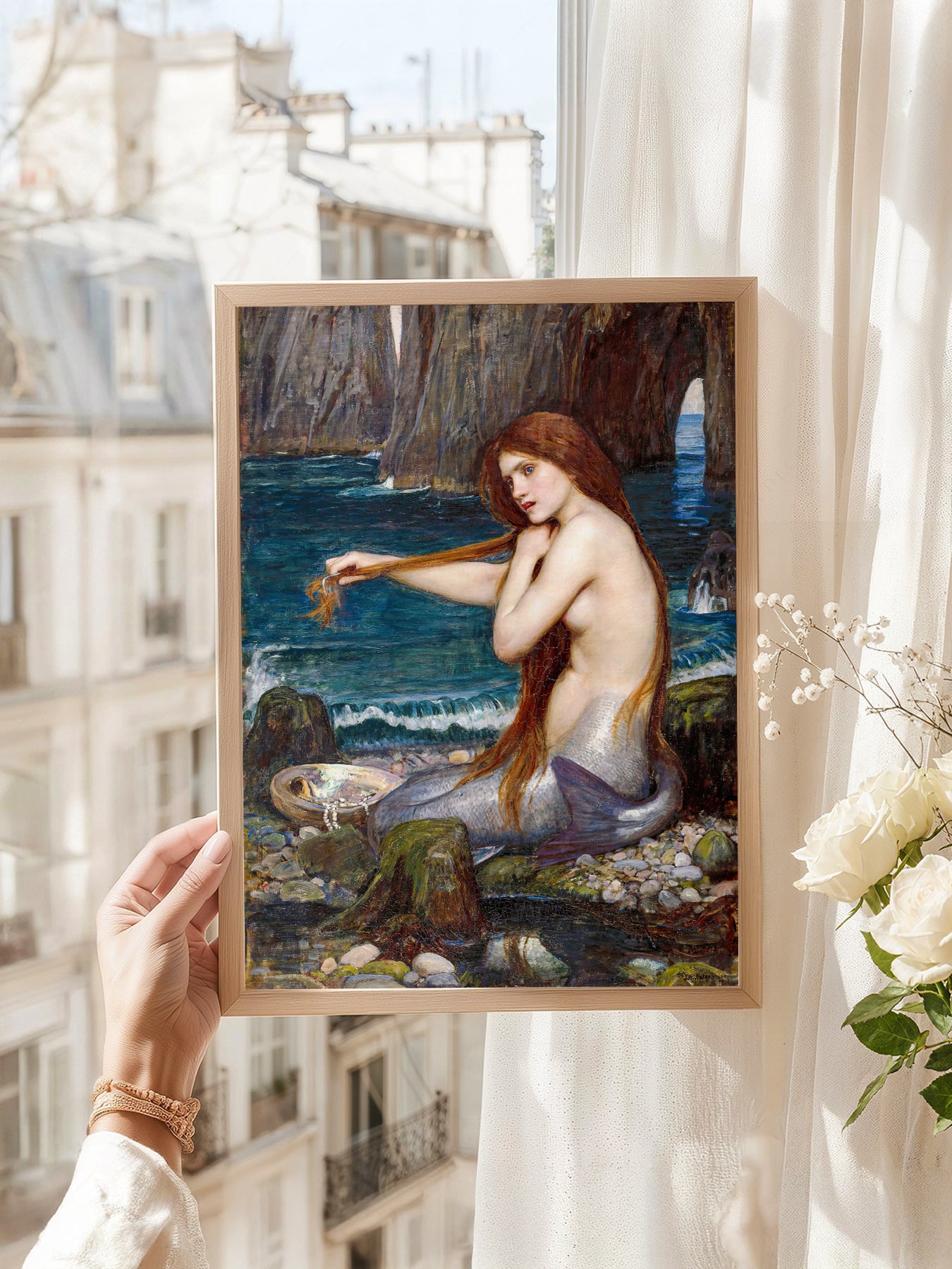 John William Waterhouse A Mermaid art print as wall decor in a minimalist home office