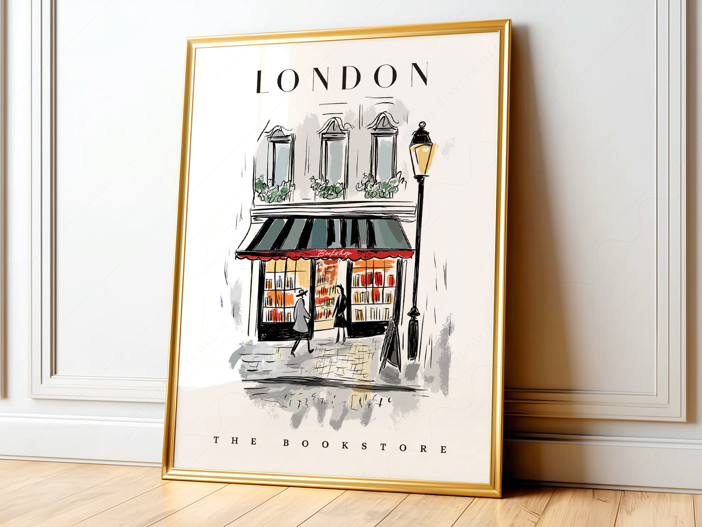 London bookstore illustration art print featuring a cozy bookshop storefront with warm glowing windows and street lamp.