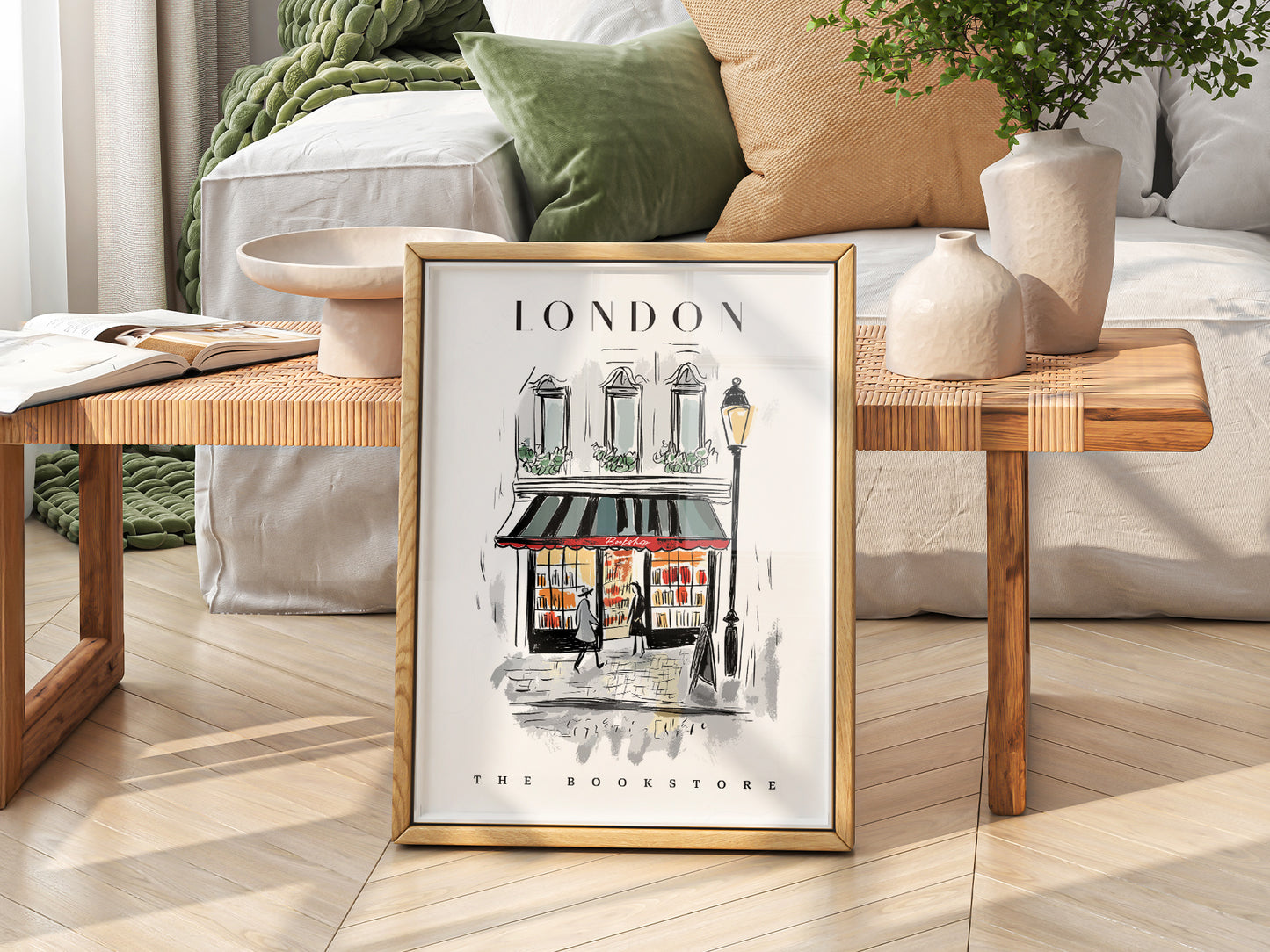 London Bookstore Illustration in a light-filled Japandi-inspired living space