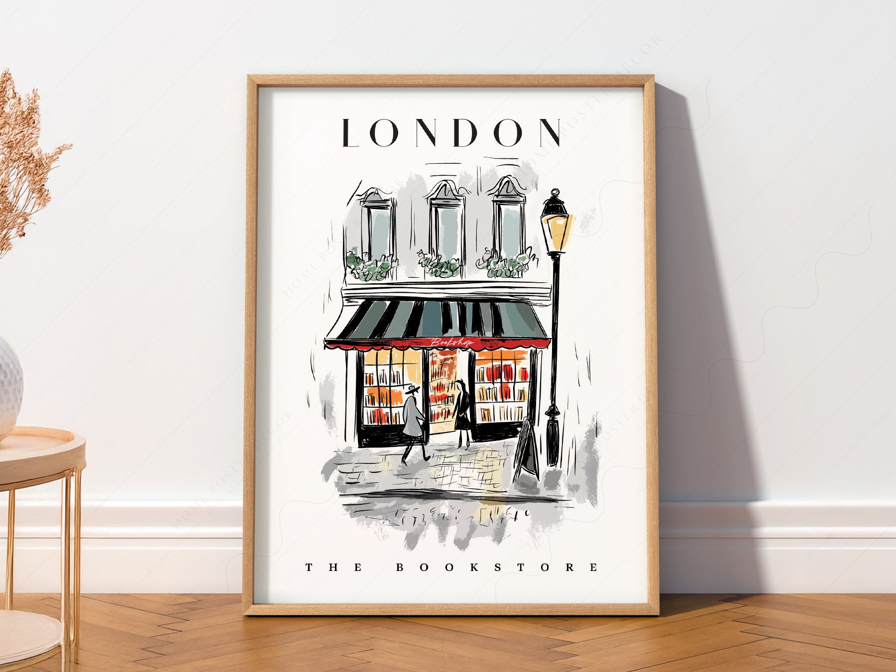 Multiple size options for London Bookstore Illustration wall art print display