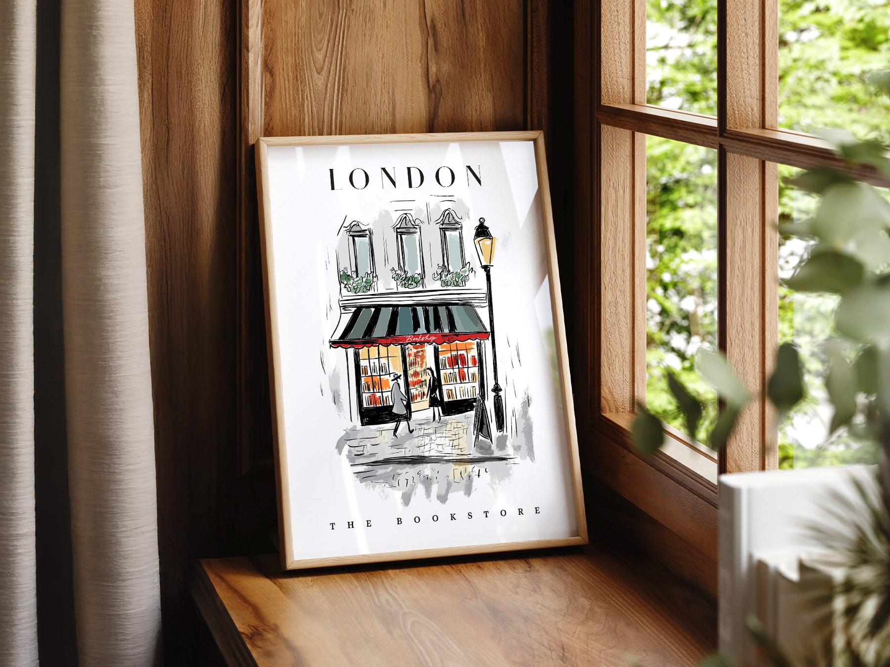 London Bookstore Illustration wall art print displayed in a bright modern living room