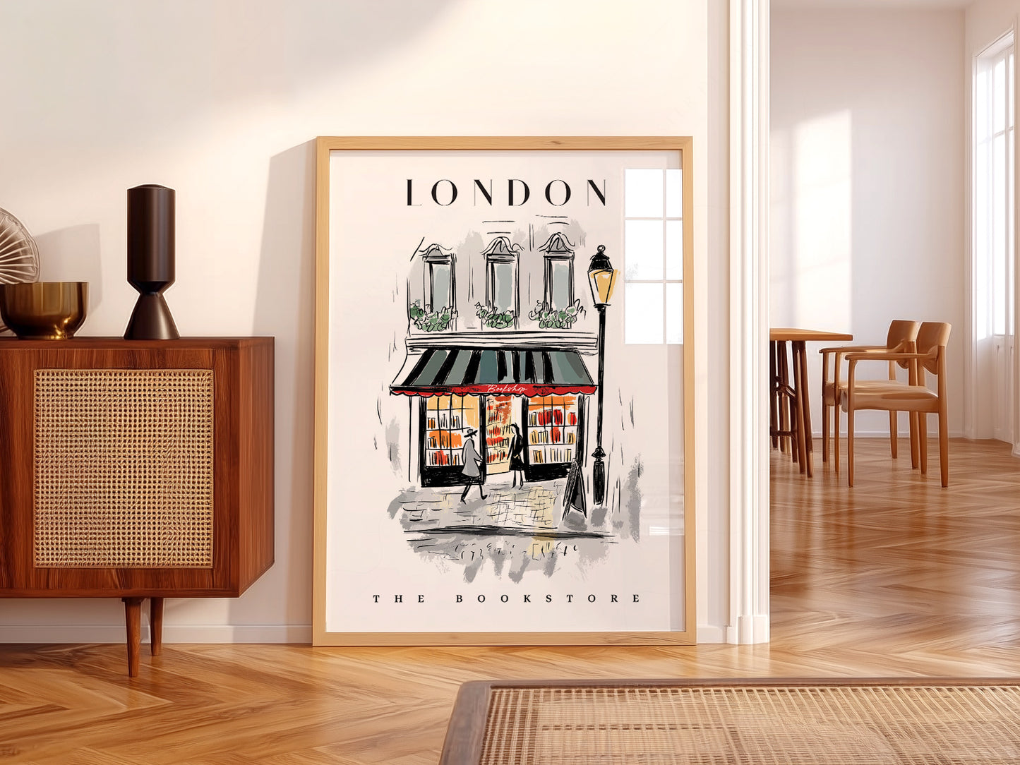 London Bookstore Illustration wall art in a cozy home study or reading room