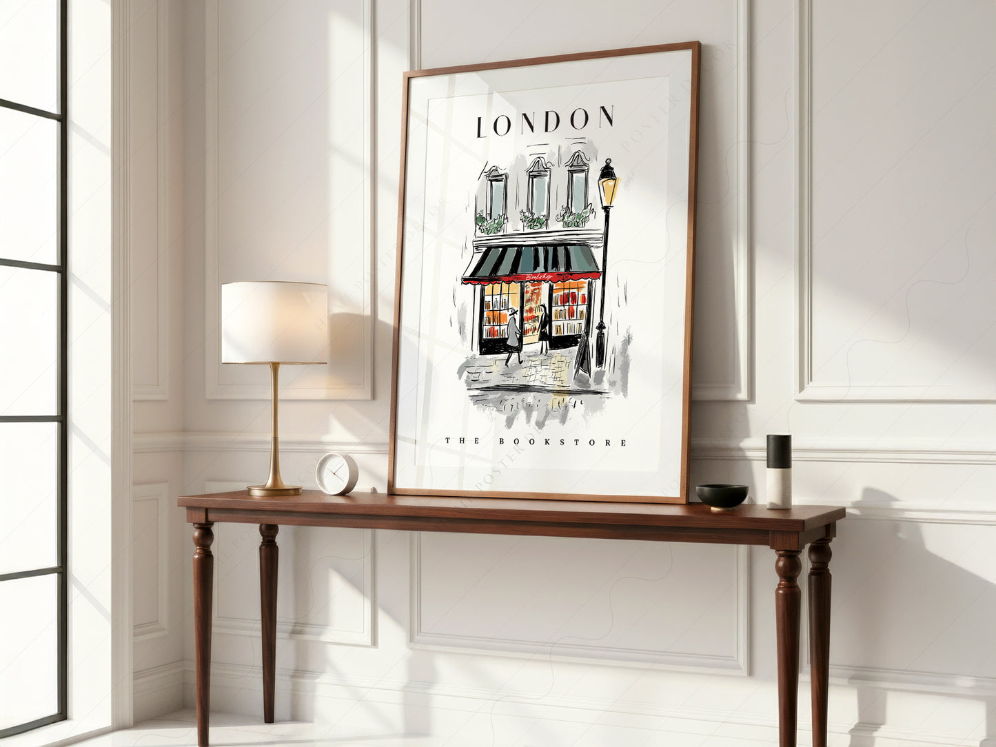 London Bookstore Illustration art print as wall decor in a minimalist home office