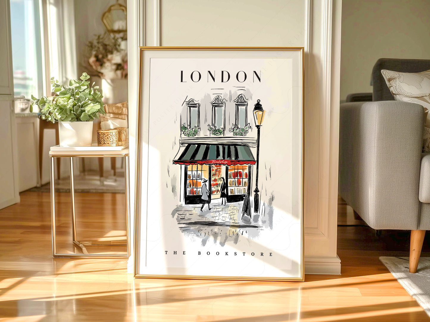 London Bookstore Illustration styled in a Scandinavian bedroom