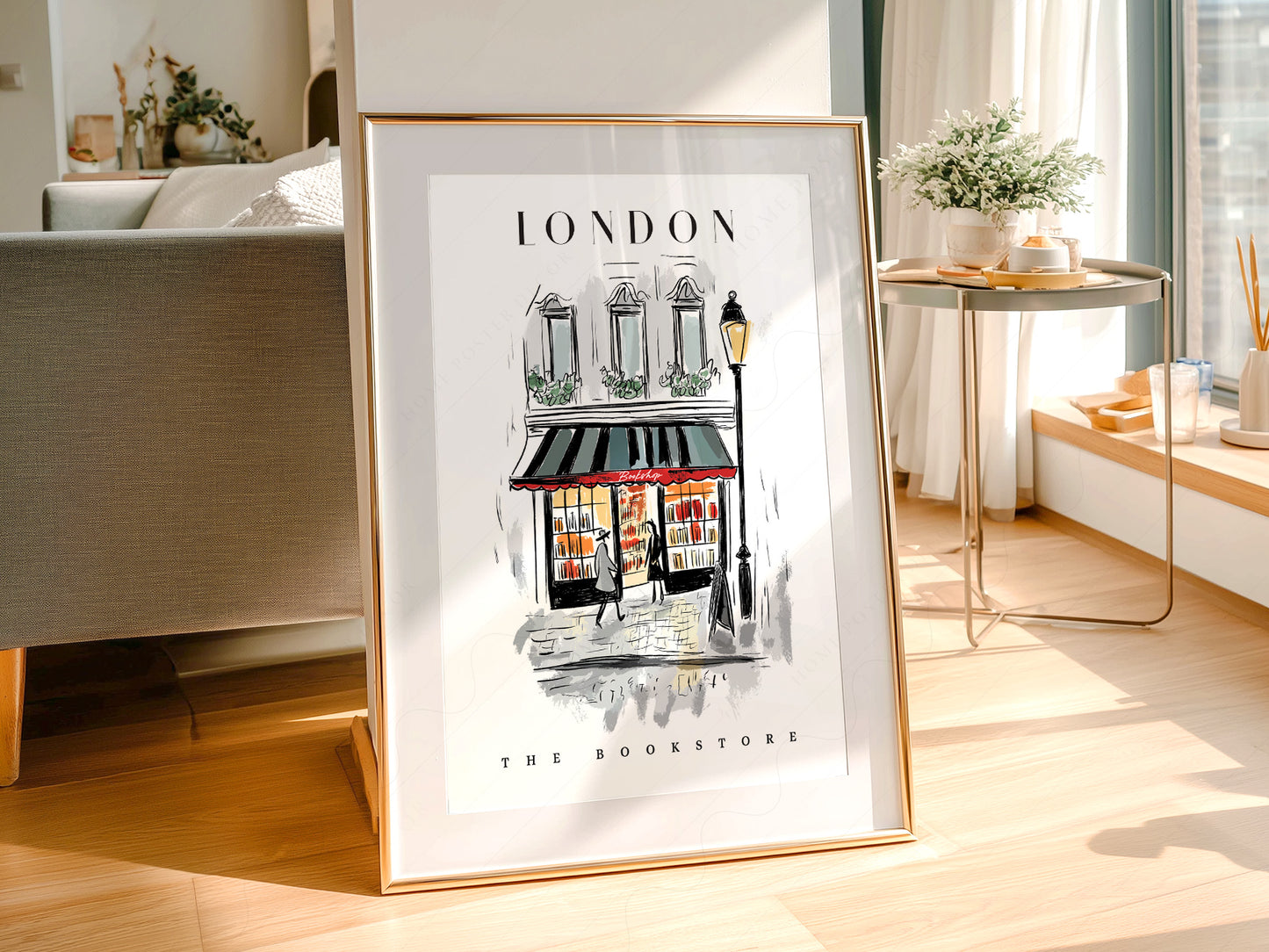 Gallery wall featuring London Bookstore Illustration fine art print
