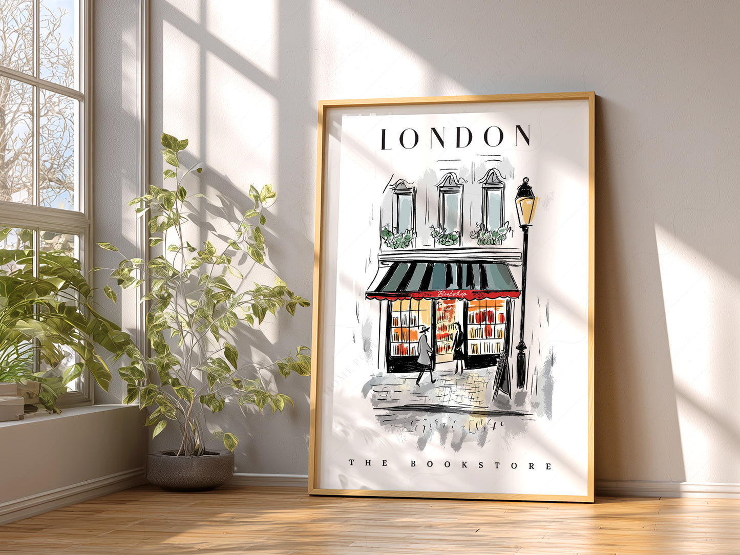 London Bookstore Illustration print styled in a mid-century modern dining room