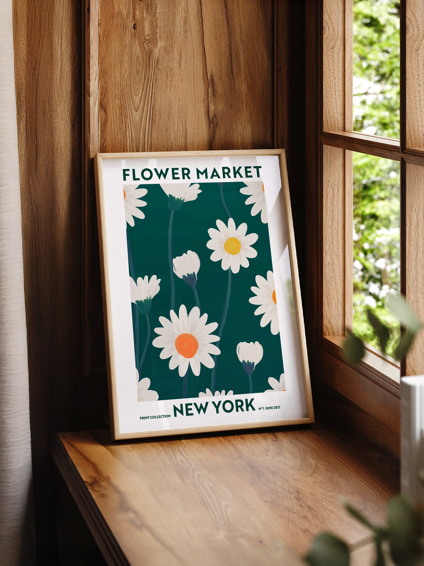 Flower Market New York print styled in a mid-century modern dining room