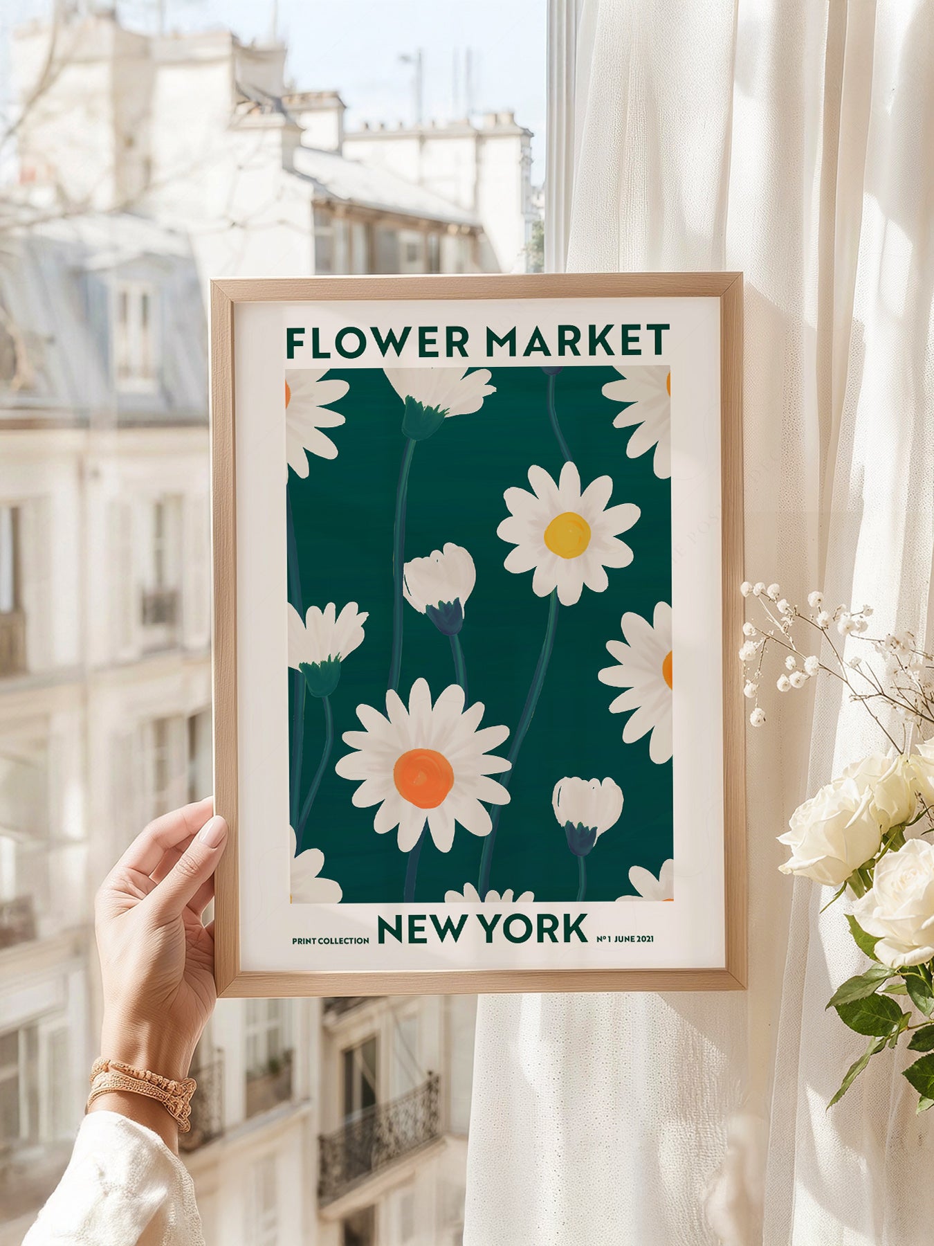 Flower Market New York art print as wall decor in a minimalist home office