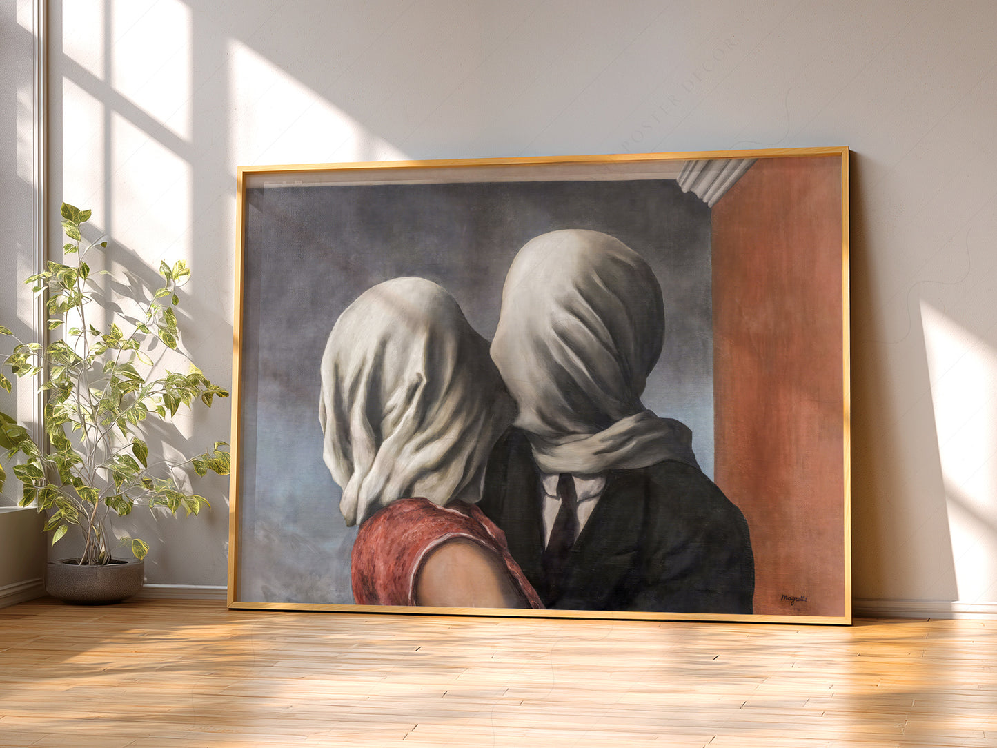 René Magritte The Lovers wall art print displayed in a bright modern living room