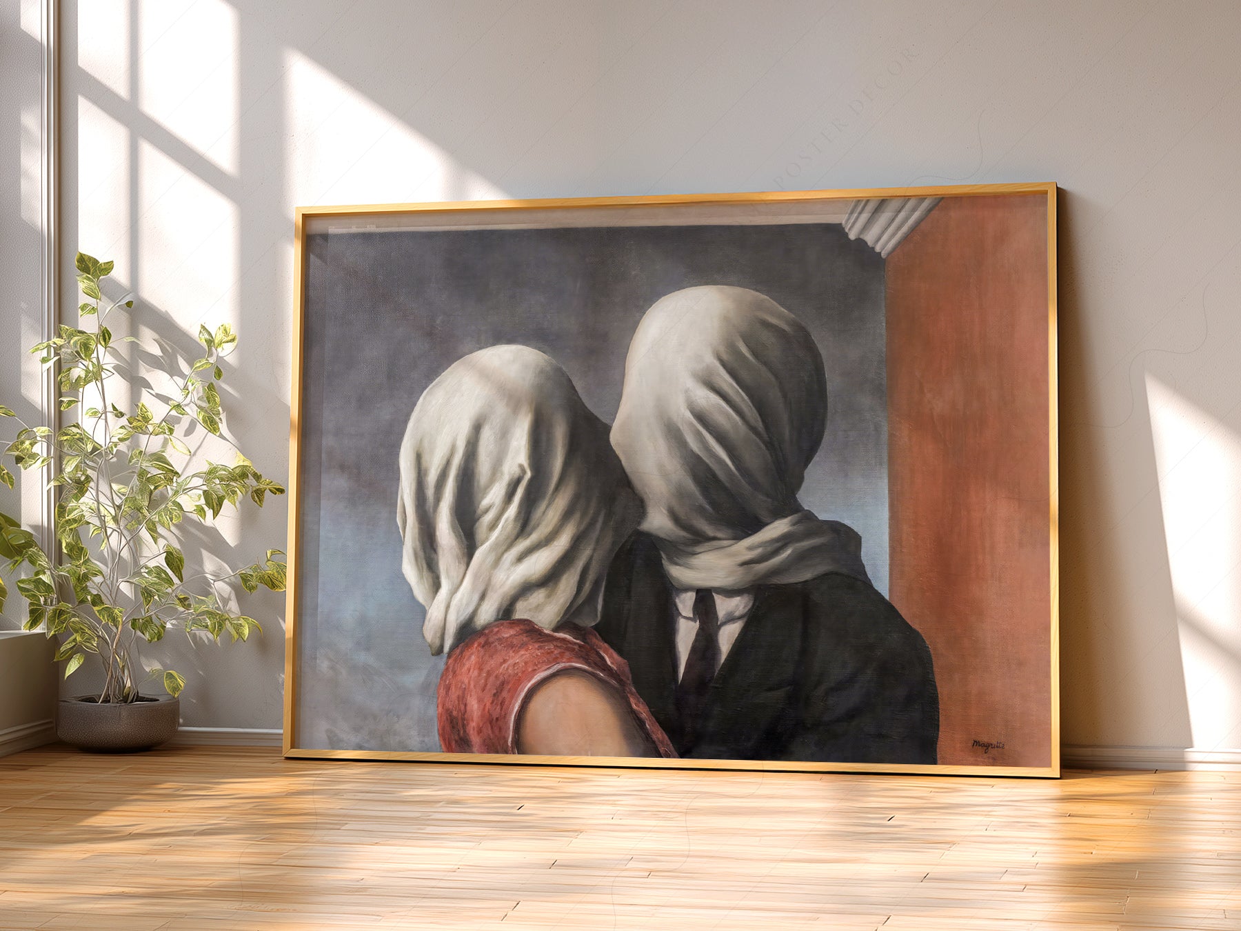 René Magritte The Lovers wall art print displayed in a bright modern living room