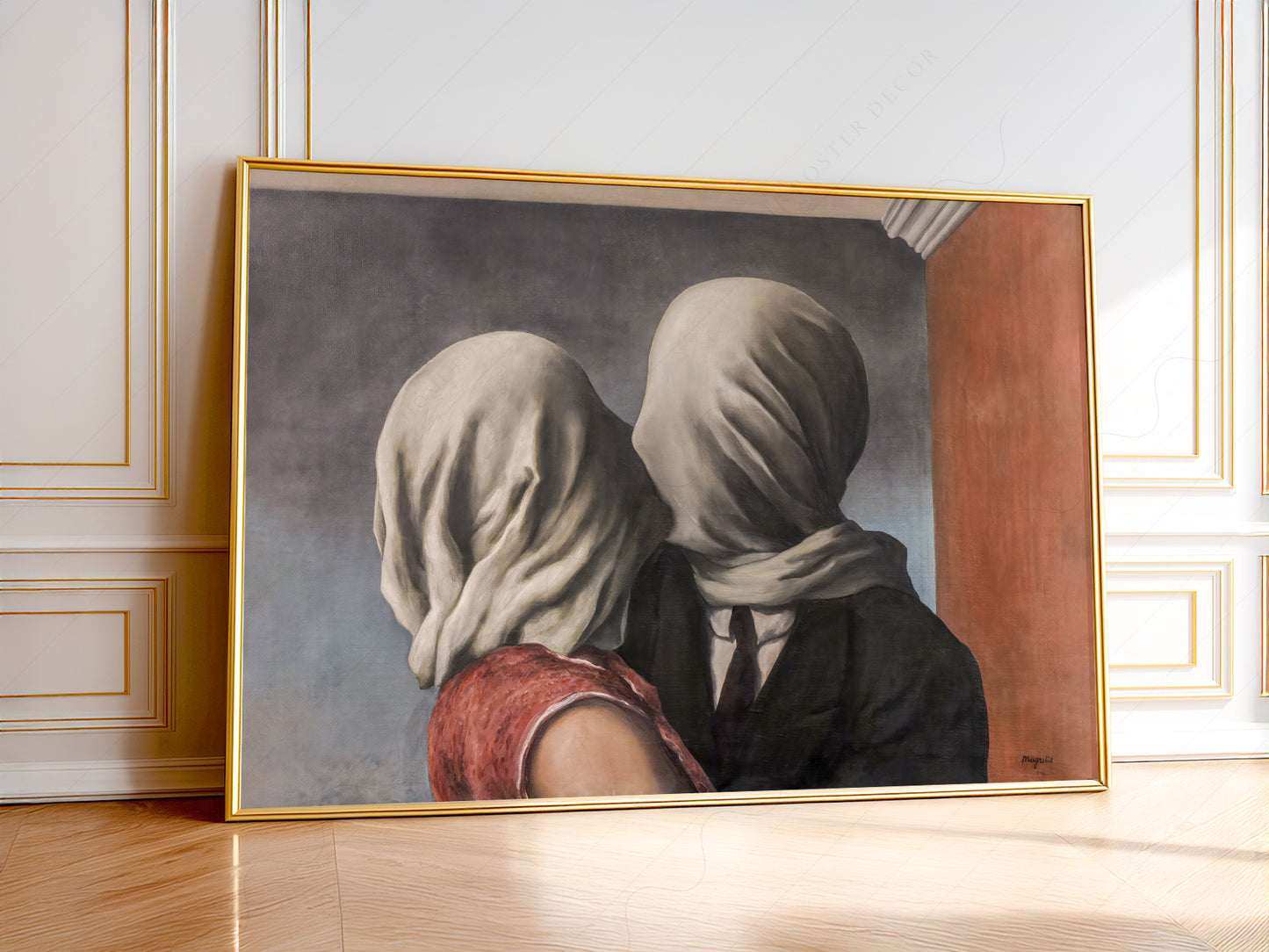 René Magritte The Lovers surrealist art print showing two figures kissing with cloth-covered faces.