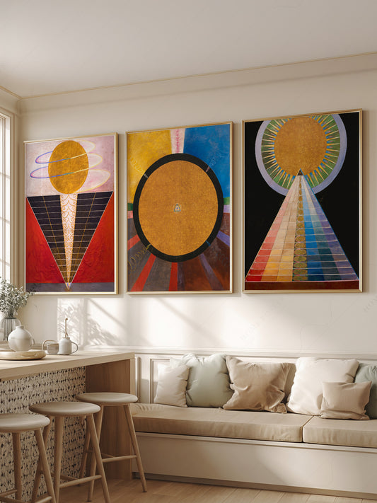 Hilma af Klint Altarpiece Set of 3 wall art print displayed in a bright modern living room