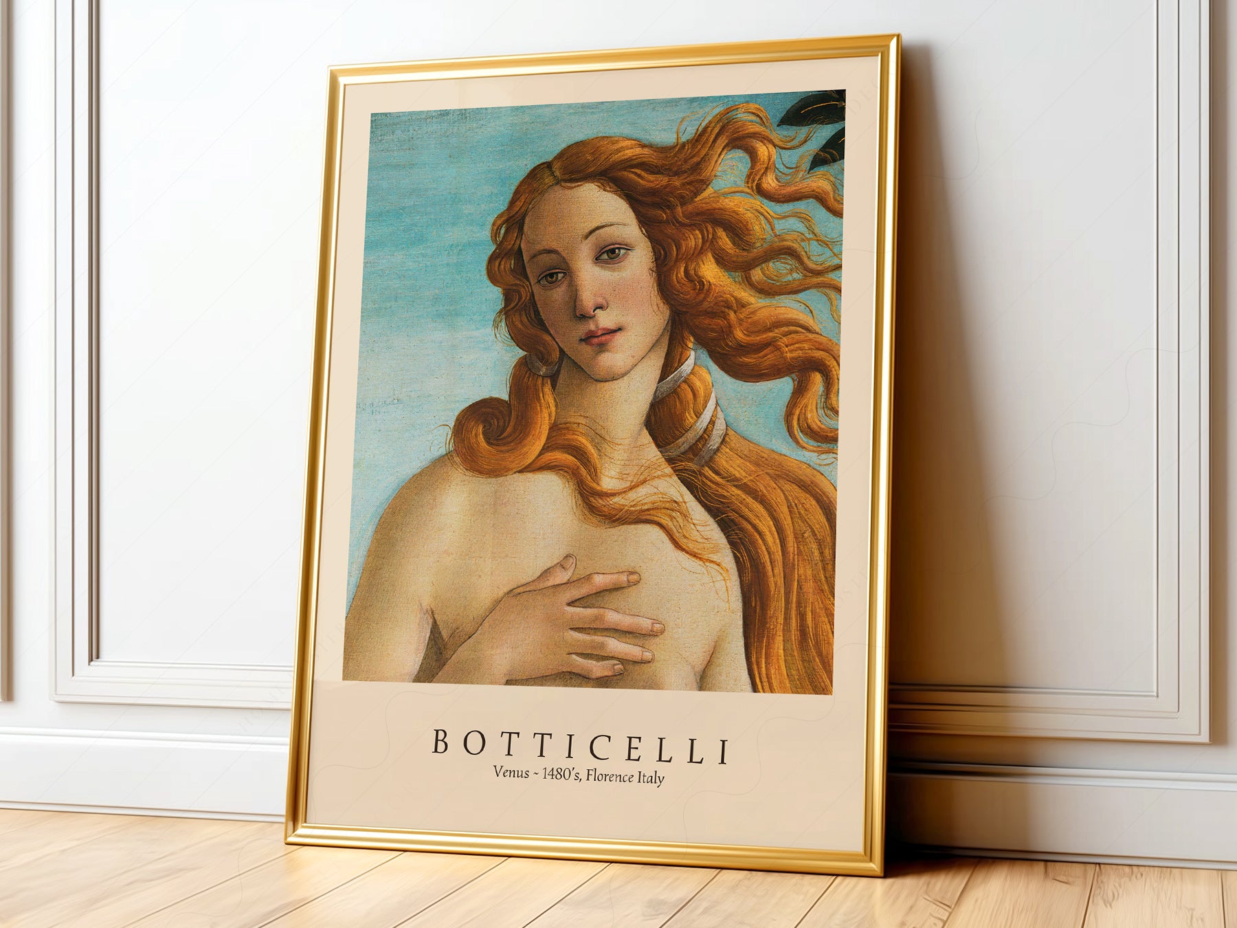 A vertical museum-style art poster featuring a detailed close-up of Venus's face and flowing golden hair from Sandro Botticelli's 'The Birth of Venus' (1480s), with the name 'BOTTICELLI' and 'Venus ~ 1480's, Florence Italy' printed in elegant serif typography below the image.