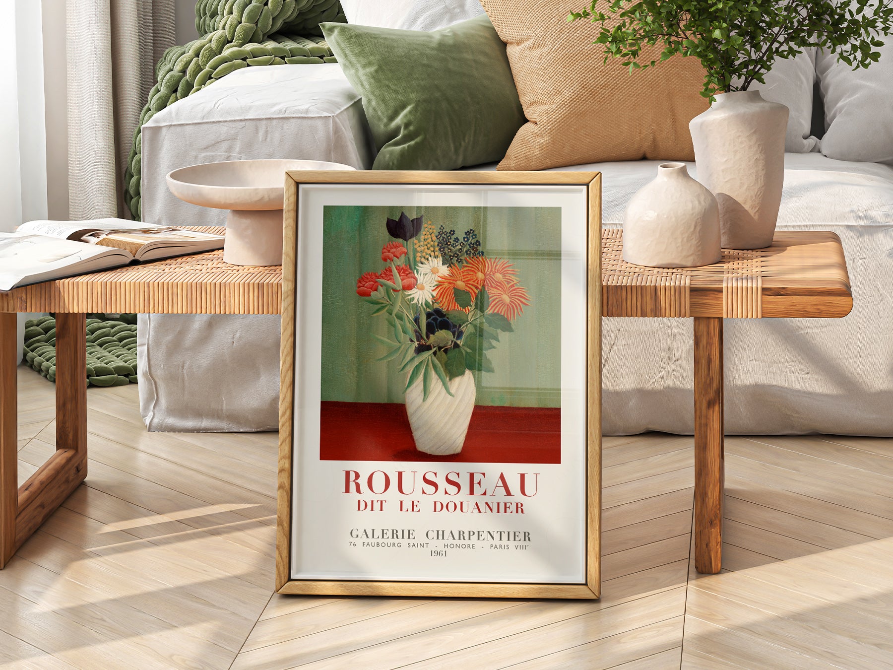 Henri Rousseau Bouquet of Flowers print styled in a mid-century modern dining room