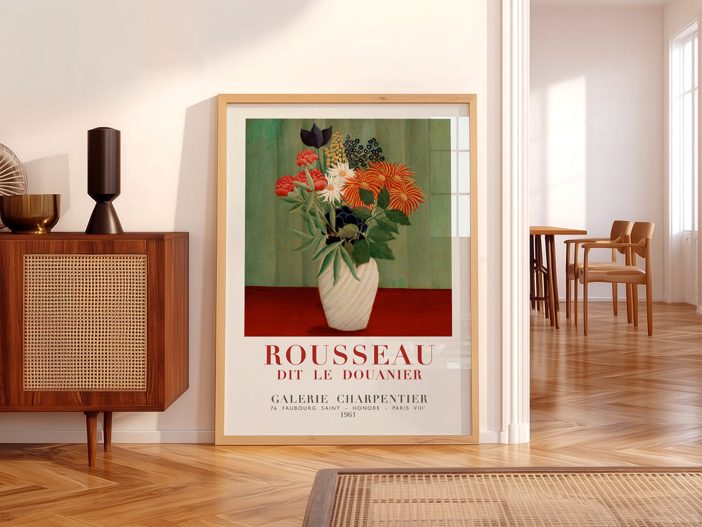 Henri Rousseau Bouquet of Flowers wall art print displayed in a bright modern living room