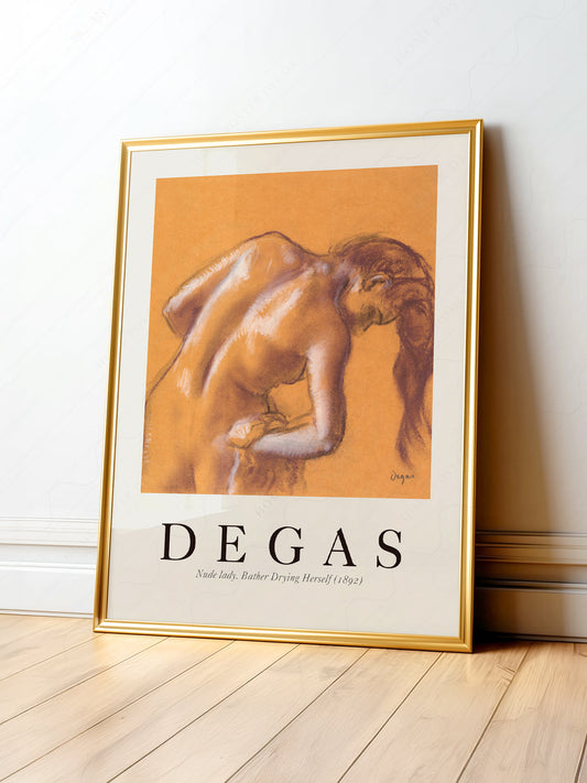 Edgar Degas Bather Drying Herself art print featuring a female figure in warm terracotta and ochre Impressionist style.