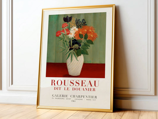 Henri Rousseau Bouquet of Flowers exhibition poster featuring colorful blooms in a white vase, vintage wall art print.