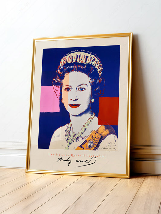 Andy Warhol Queen Elizabeth II Pop Art print featuring the Queen in bold blue, pink, and red colors.