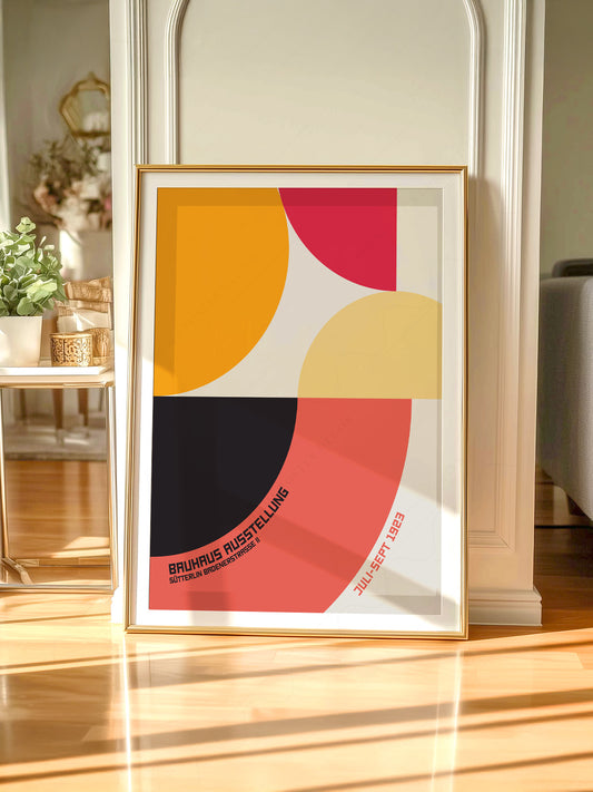 Bauhaus Ausstellung 1923 exhibition wall art poster featuring bold geometric circles in orange, red, yellow, and black.