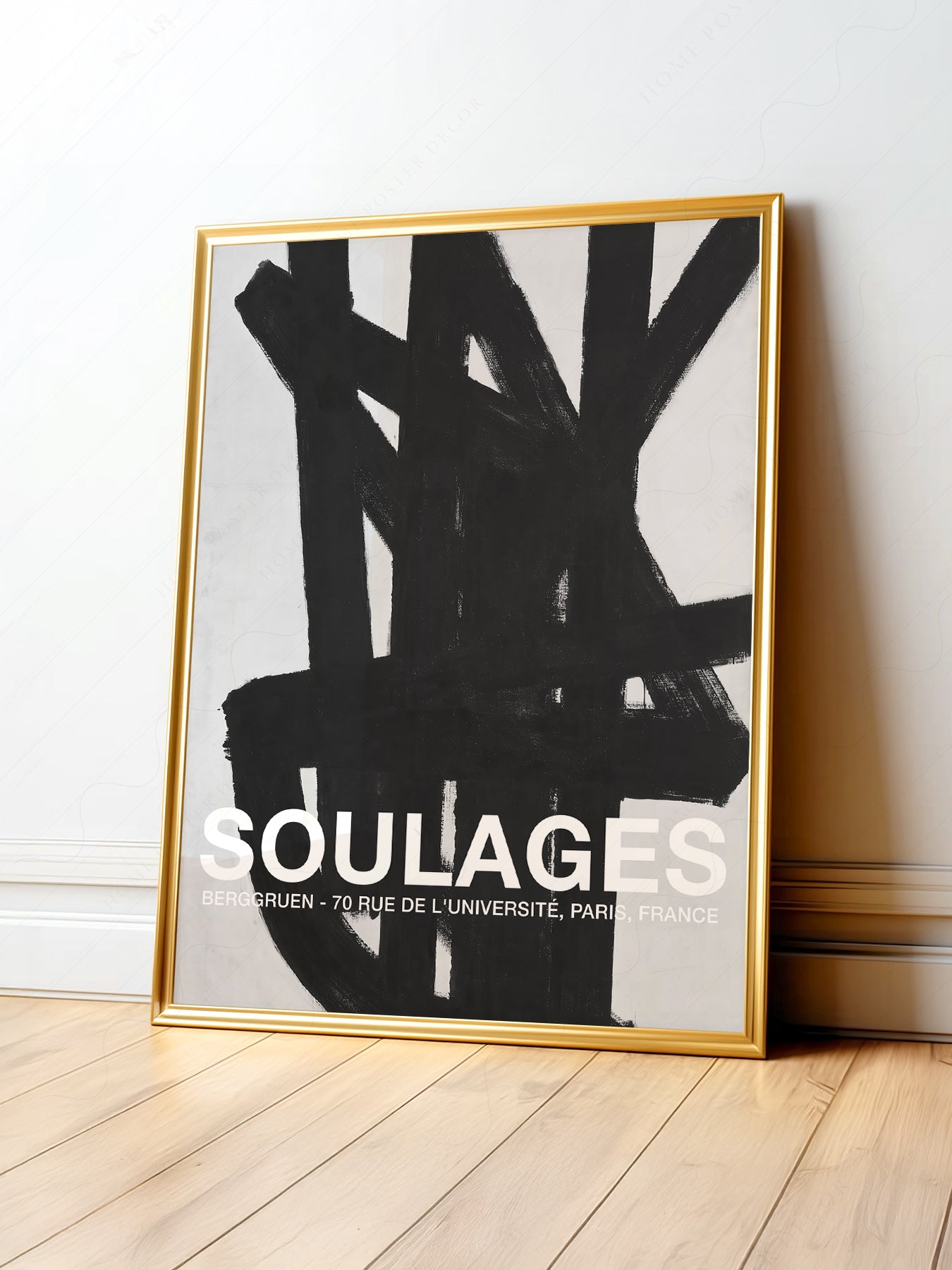 Pierre Soulages Berggruen exhibition poster featuring bold burgundy abstract brushstrokes on grey background as modern wall art.