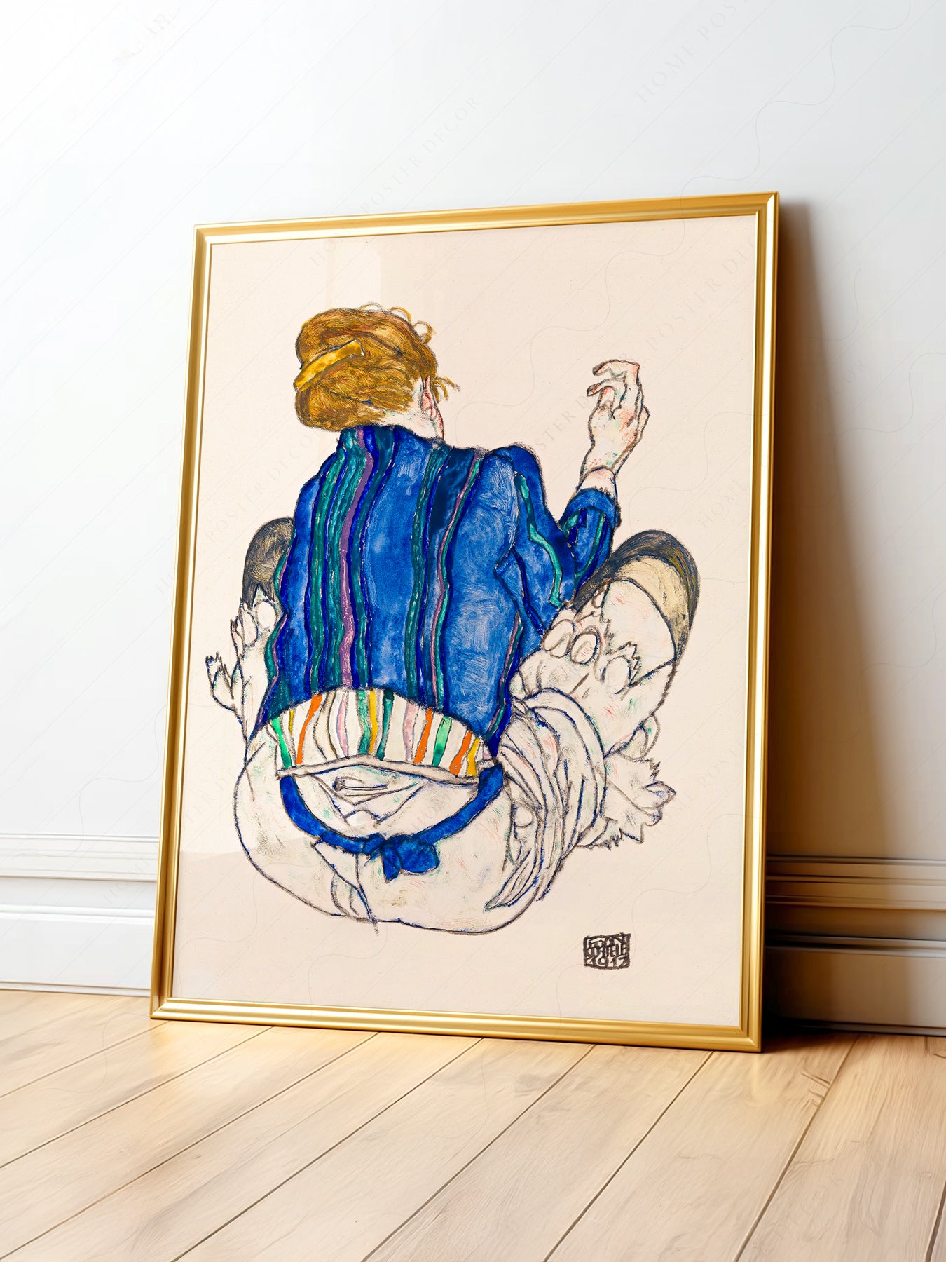 Egon Schiele Seated Woman Back View 1917 art print featuring a figure in a blue striped blouse in expressionist style.
